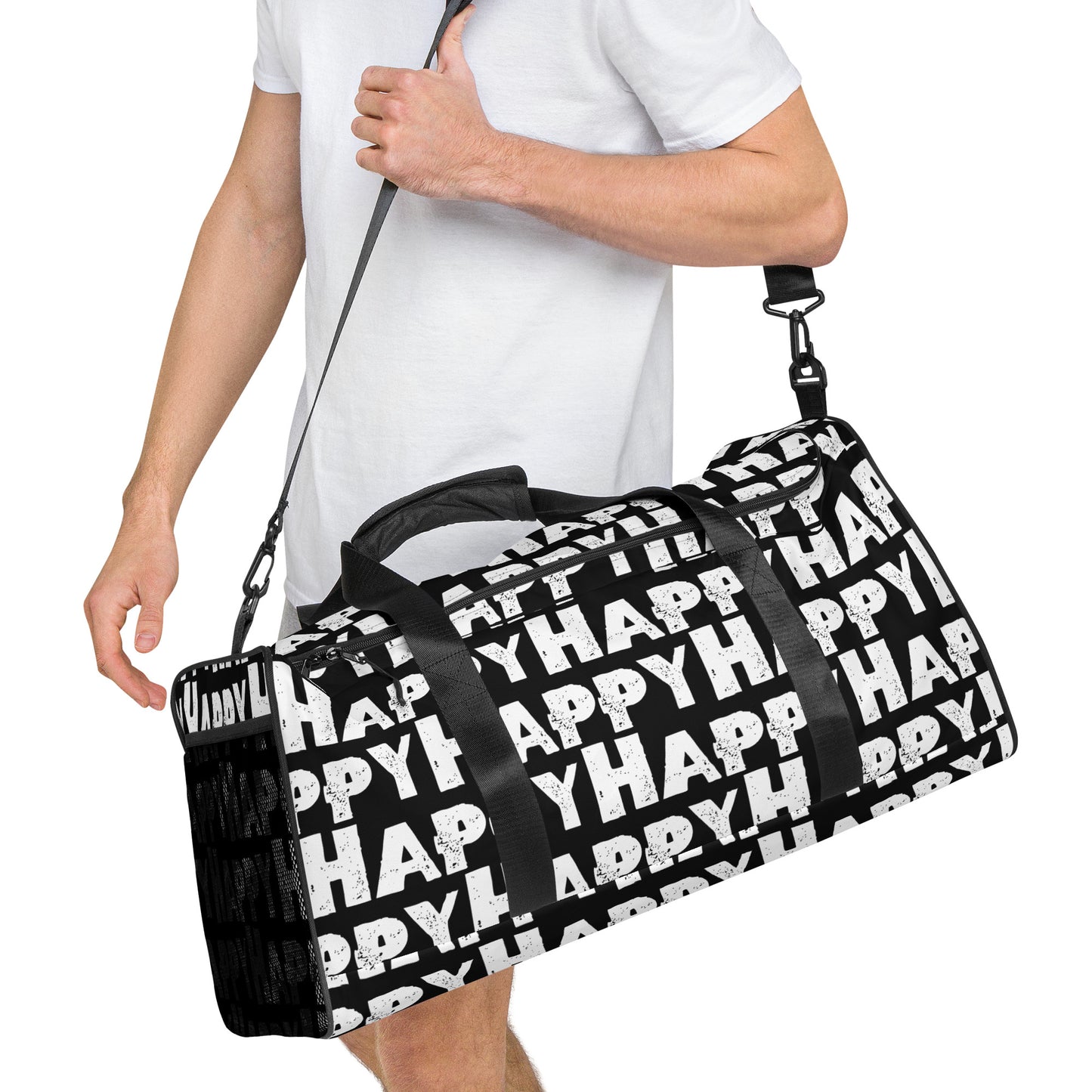 Duffle bag Happy sponge print black and white water-resistant durable gym bag HappyStuff Brand Side view hanging on mans left shoulder