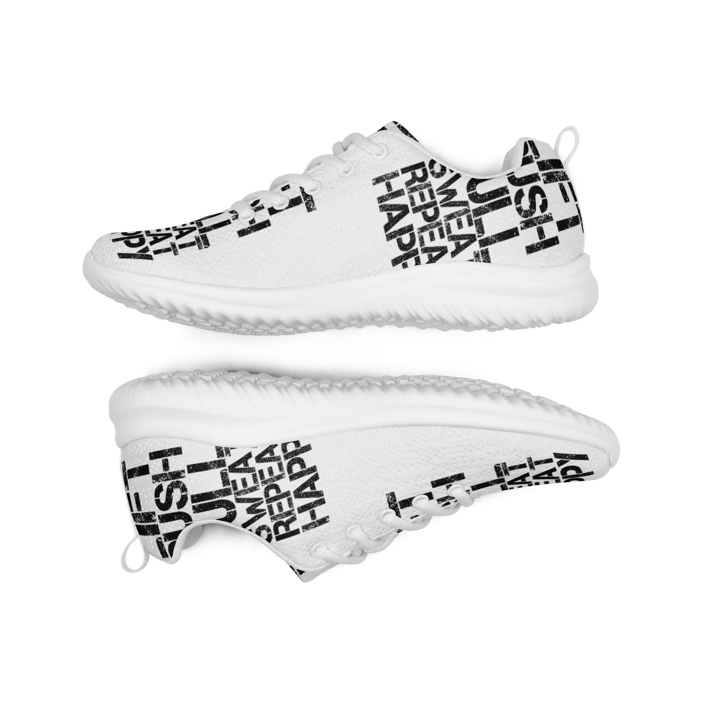 Lightweight white sneakers flip view grip treads padded collar lace up lift push pull sweat repeat happy distress print mens athletic shoes