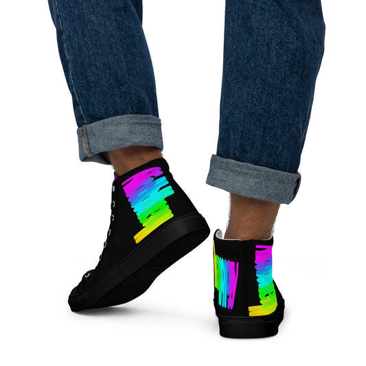 Mens sneakers rainbow shoes Happy Rainbow Painted Print bright colours on black high tops black sole walking away HappyStuff brand black shoes