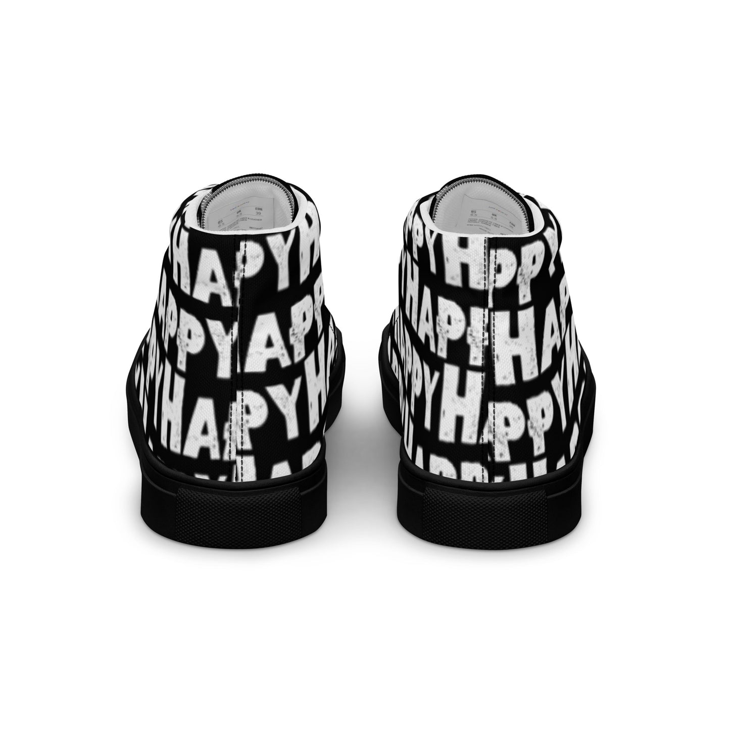 Rear view Fun Shoes Mens Sneakers black shoes with white Happy Sponge Print High Tops black sole HappyStuff brand
