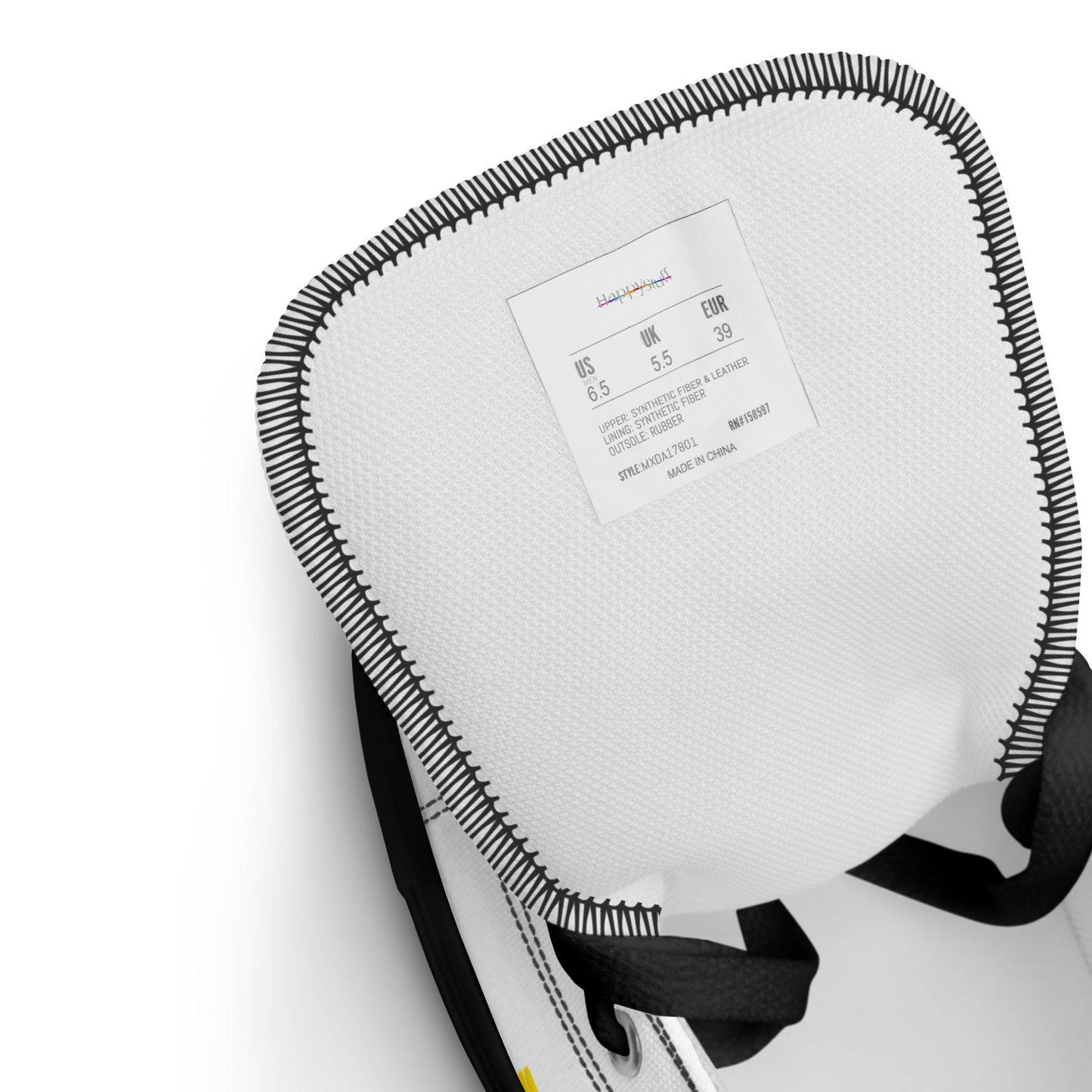 White and rainbow shoes high tops black sole tongue close up size label cushy breathable lining HappyStuff brand mens sneakers US UK EUR sizing