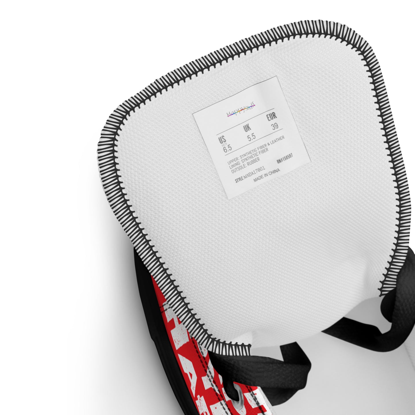 Looking down on size label Mens Sneakers red and white Happy Sponge Print High Tops black sole HappyStuff brand