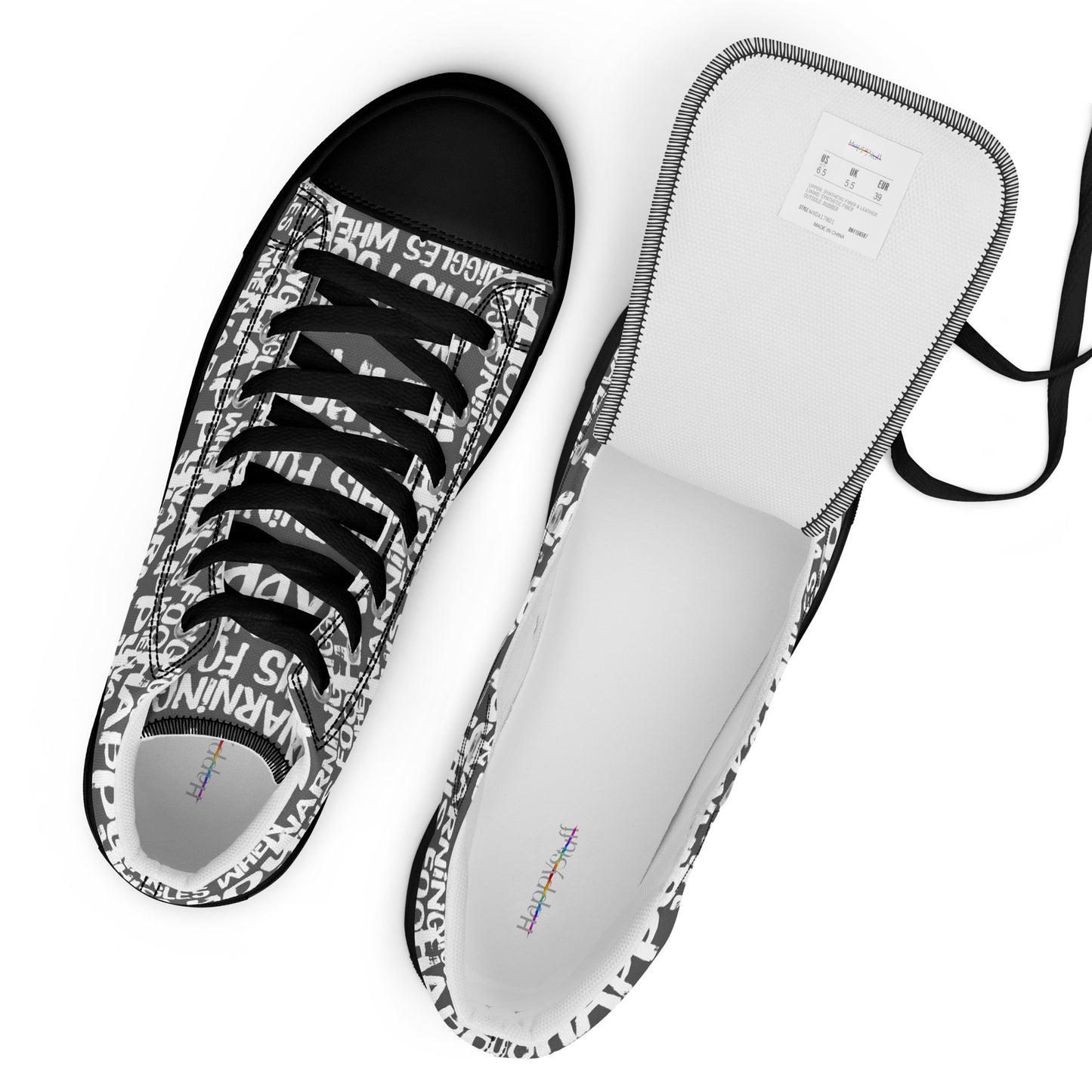 Top view mens sneakers and label HappyStuff slate grey high tops with playful white print Warning This Foot Jiggles When Happy black sole