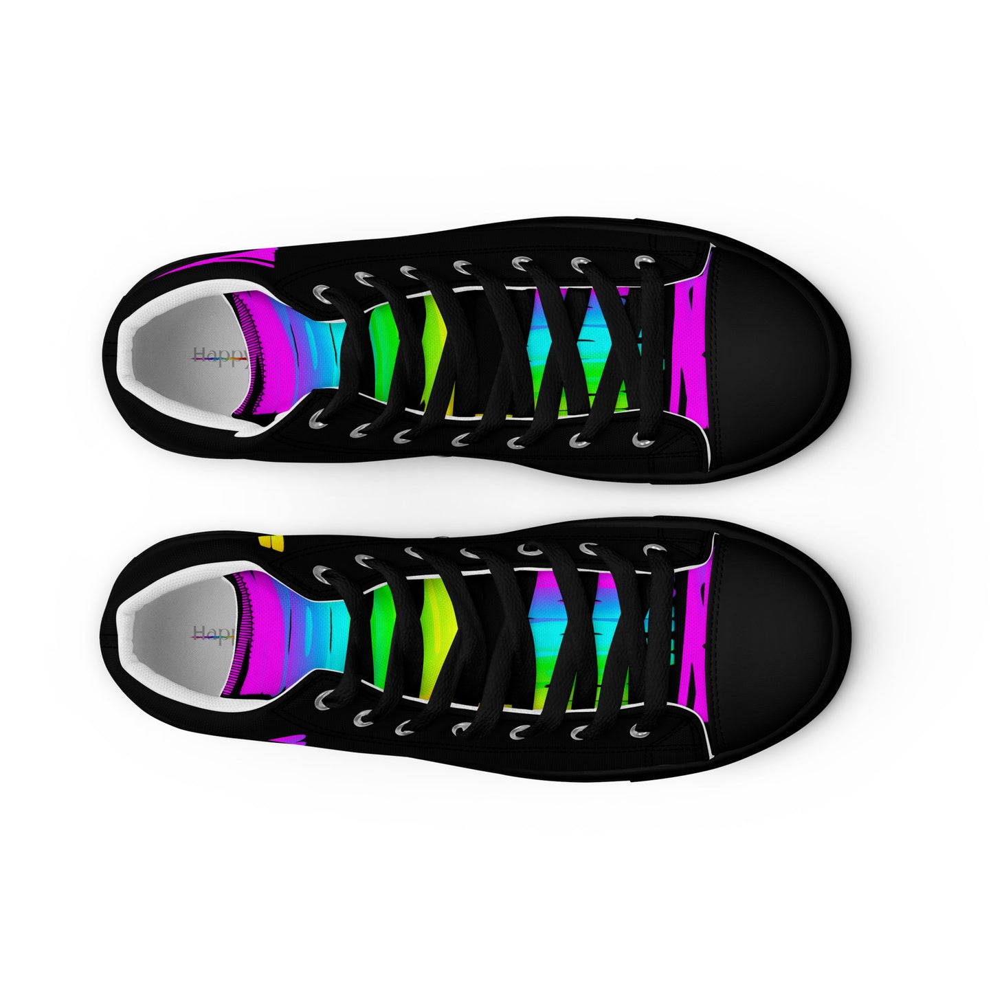 HappyStuff mens black high tops rainbow shoes Happy Rainbow Painted Print bright colours black sole top view black faux leather toe cap laced