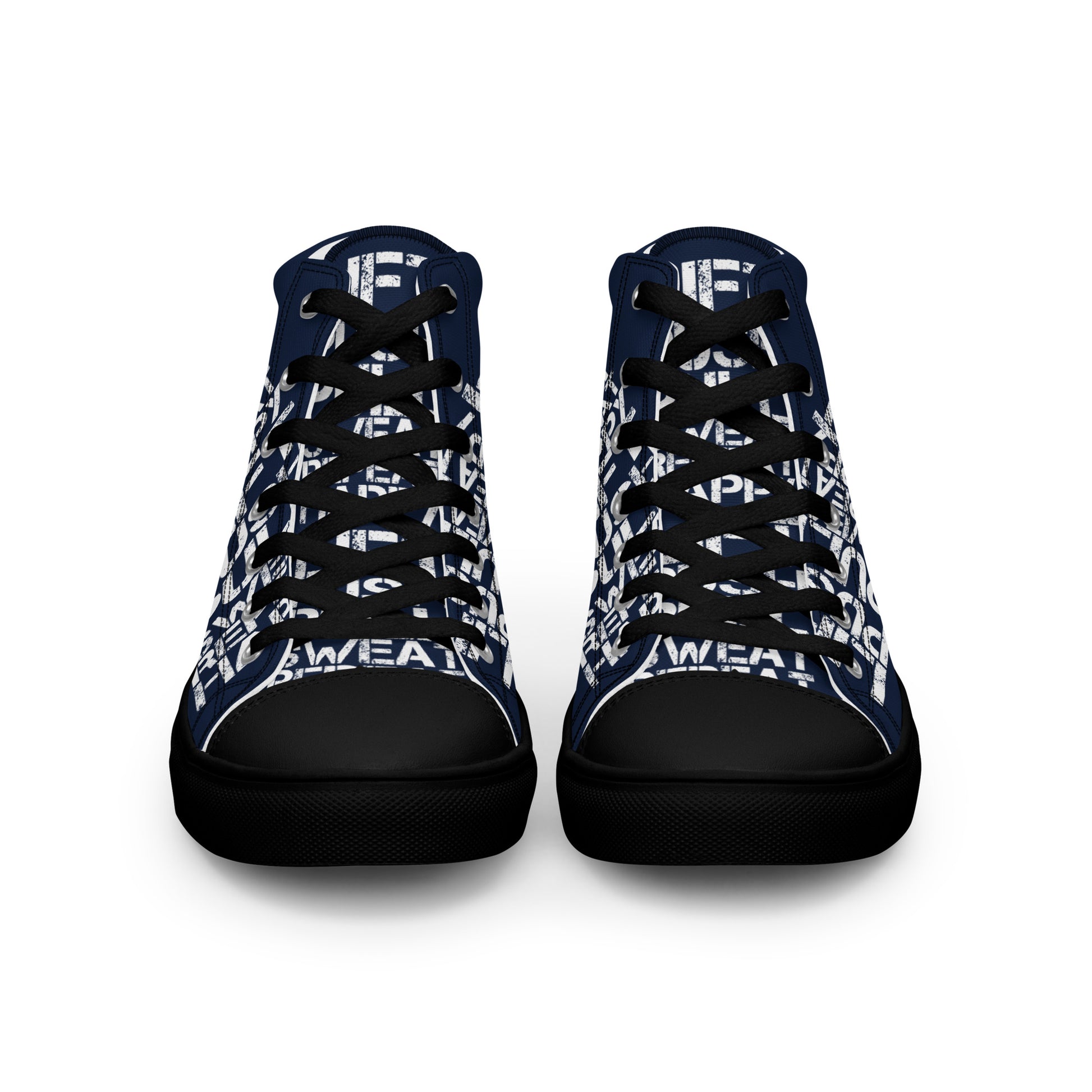 Front view laced up mens sneakers HappyStuff navy blue high tops lift push pull sweat repeat happy distress print gym shoe black sole