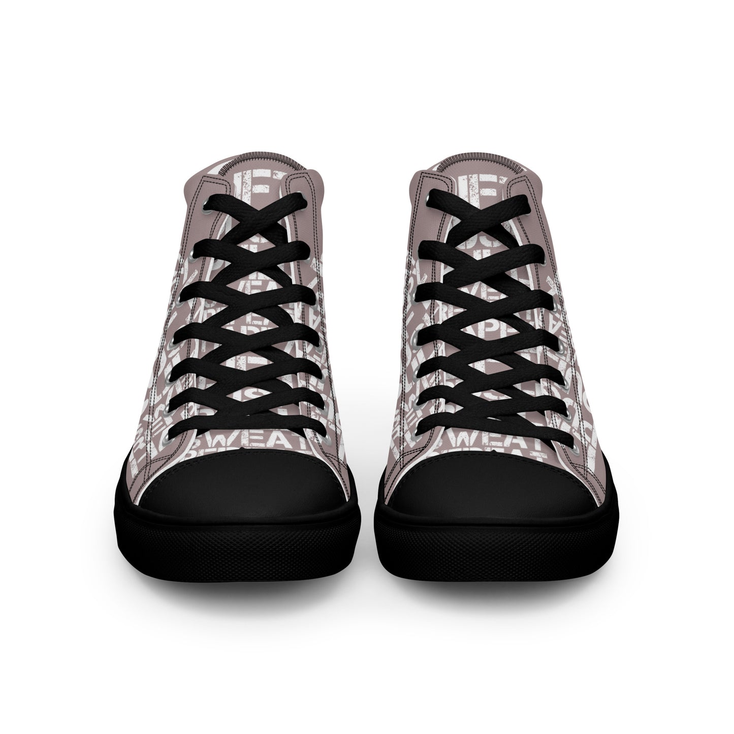 Front view laced up mens sneakers HappyStuff taupe high tops lift push pull sweat repeat happy distress print gym shoe black sole