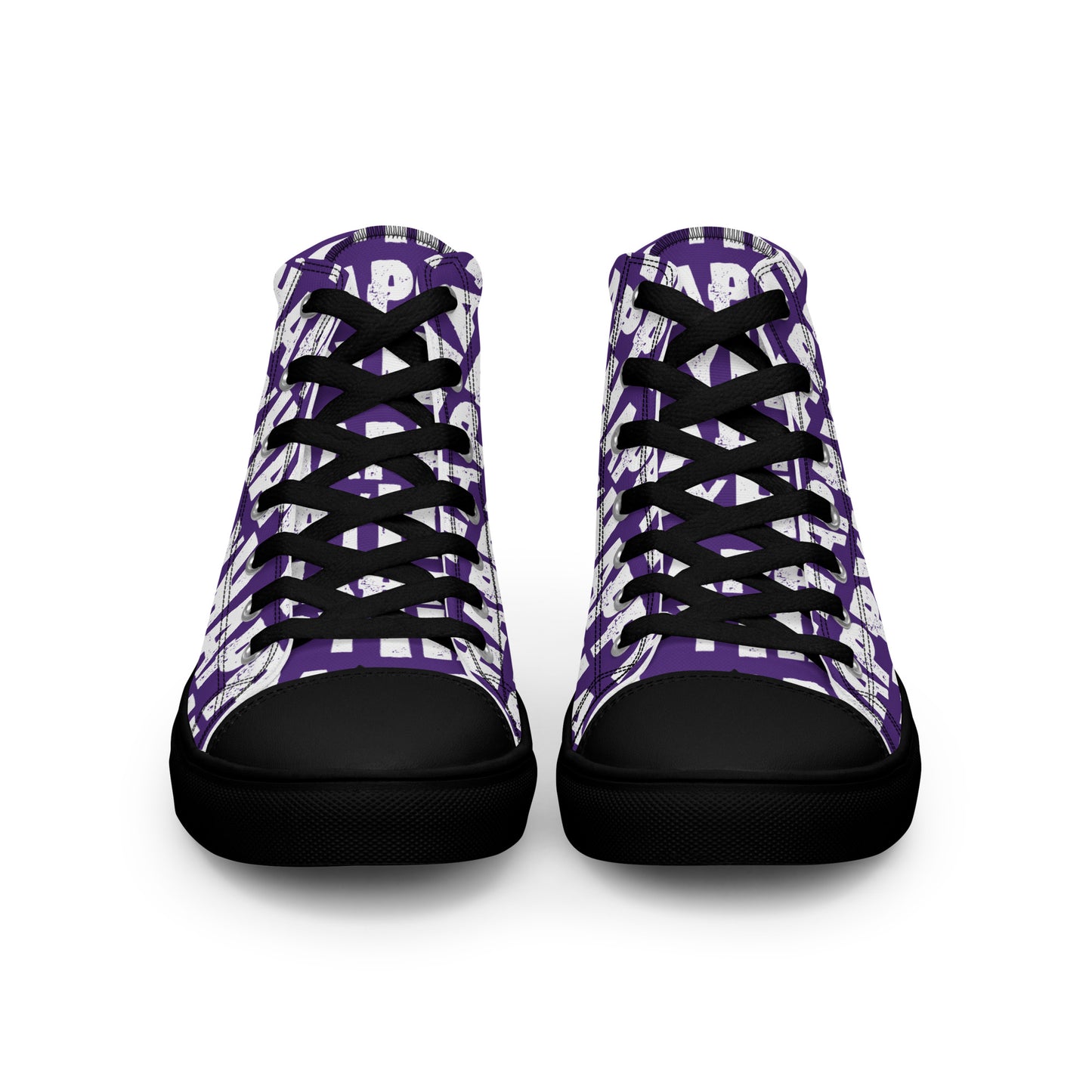 Front view Mens Sneakers purple shoes white Happy Sponge Print High Tops black Rubber outsole black Faux Leather toe cap HappyStuff brand