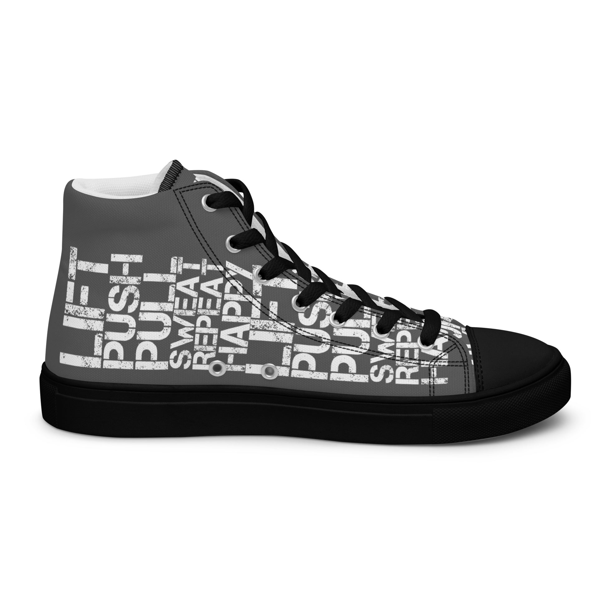 Left shoe inside view HappyStuff mens slate grey high top sneakers black sole with white lift push pull sweat repeat happy distress print