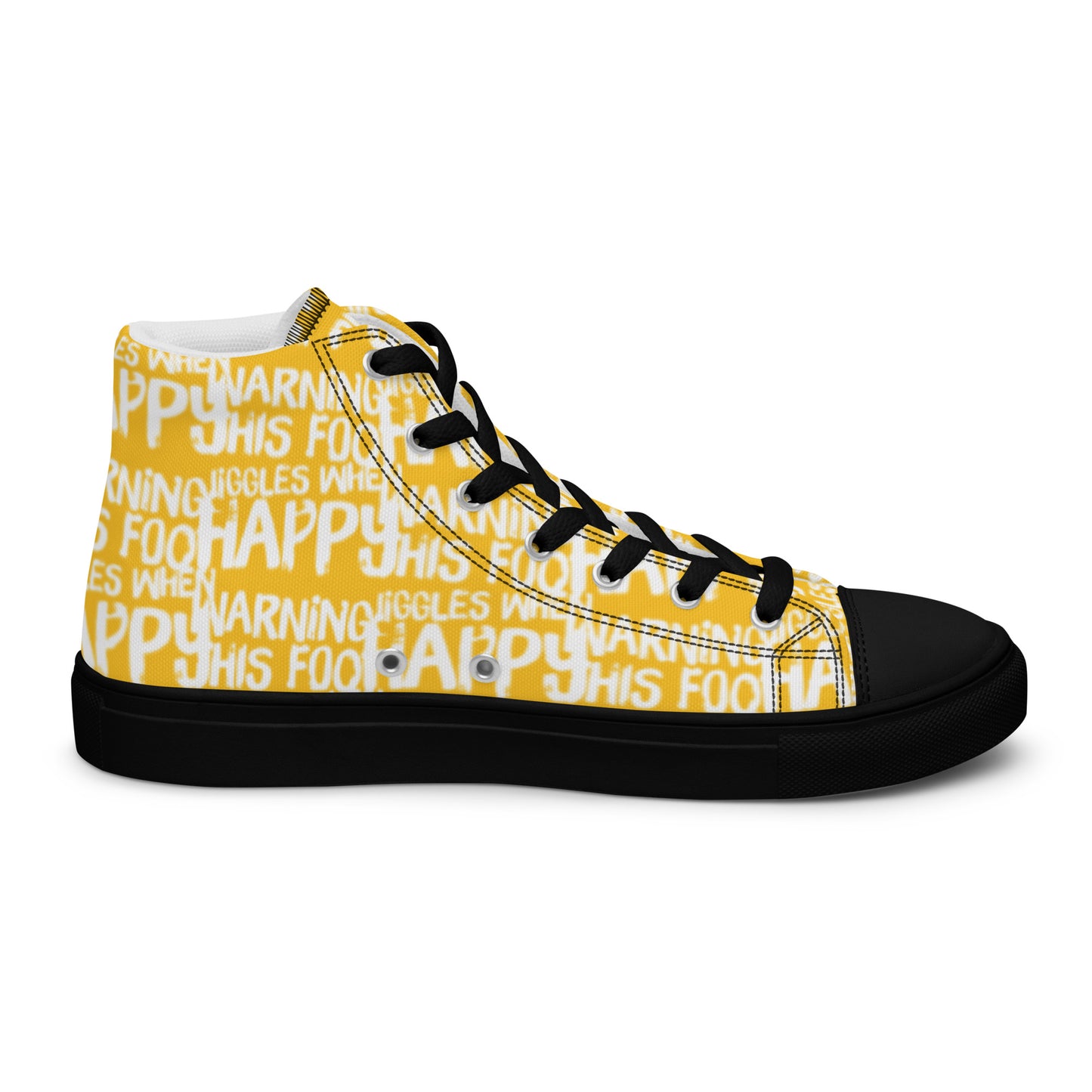 Left shoe inside view HappyStuff mens yellow high top sneakers with playful white print Warning This Foot Jiggles When Happy black sole