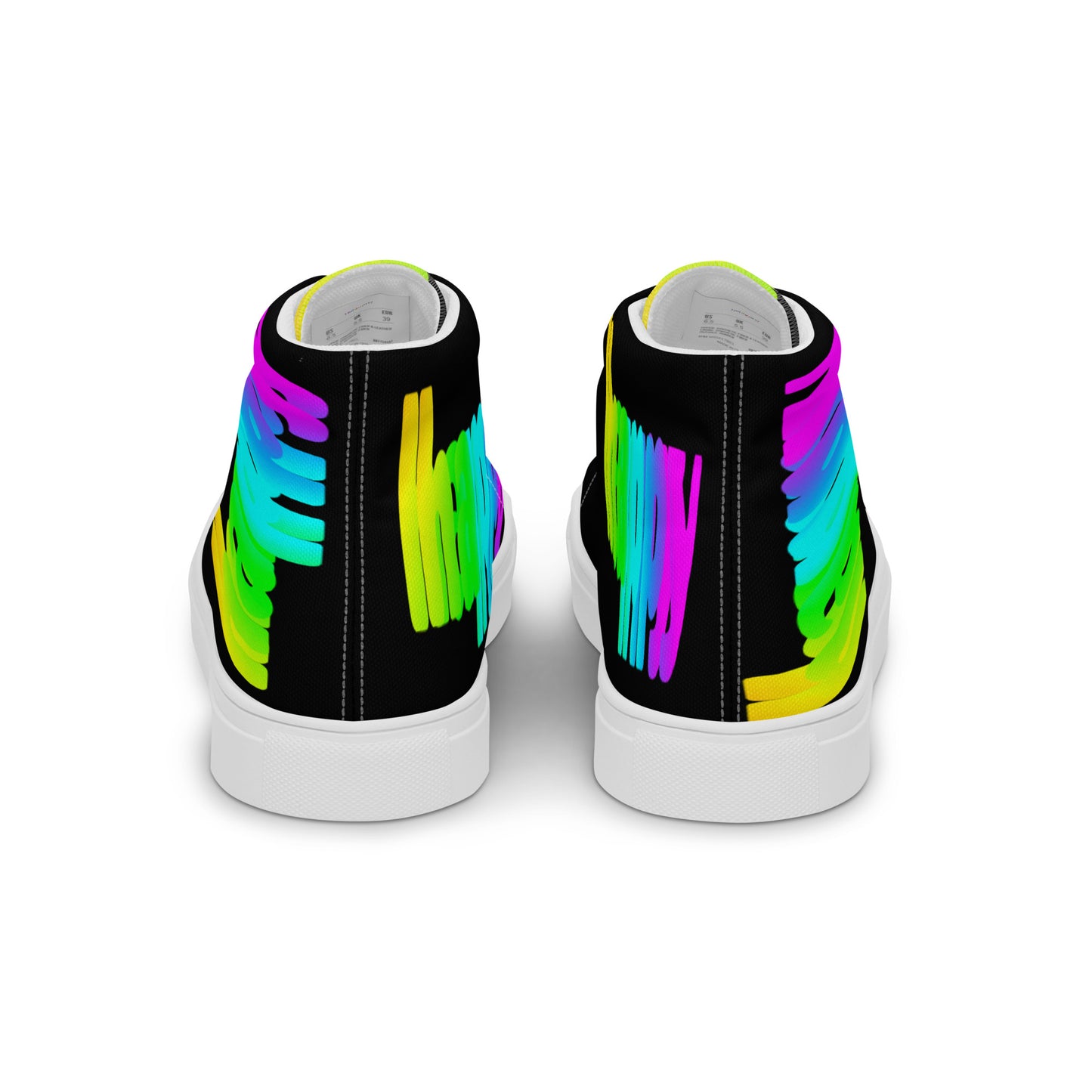 Rainbow shoes mens sneakers back view black high tops Happy Rainbow Painted bright colour spectrum print HappyStuff Fun shoes