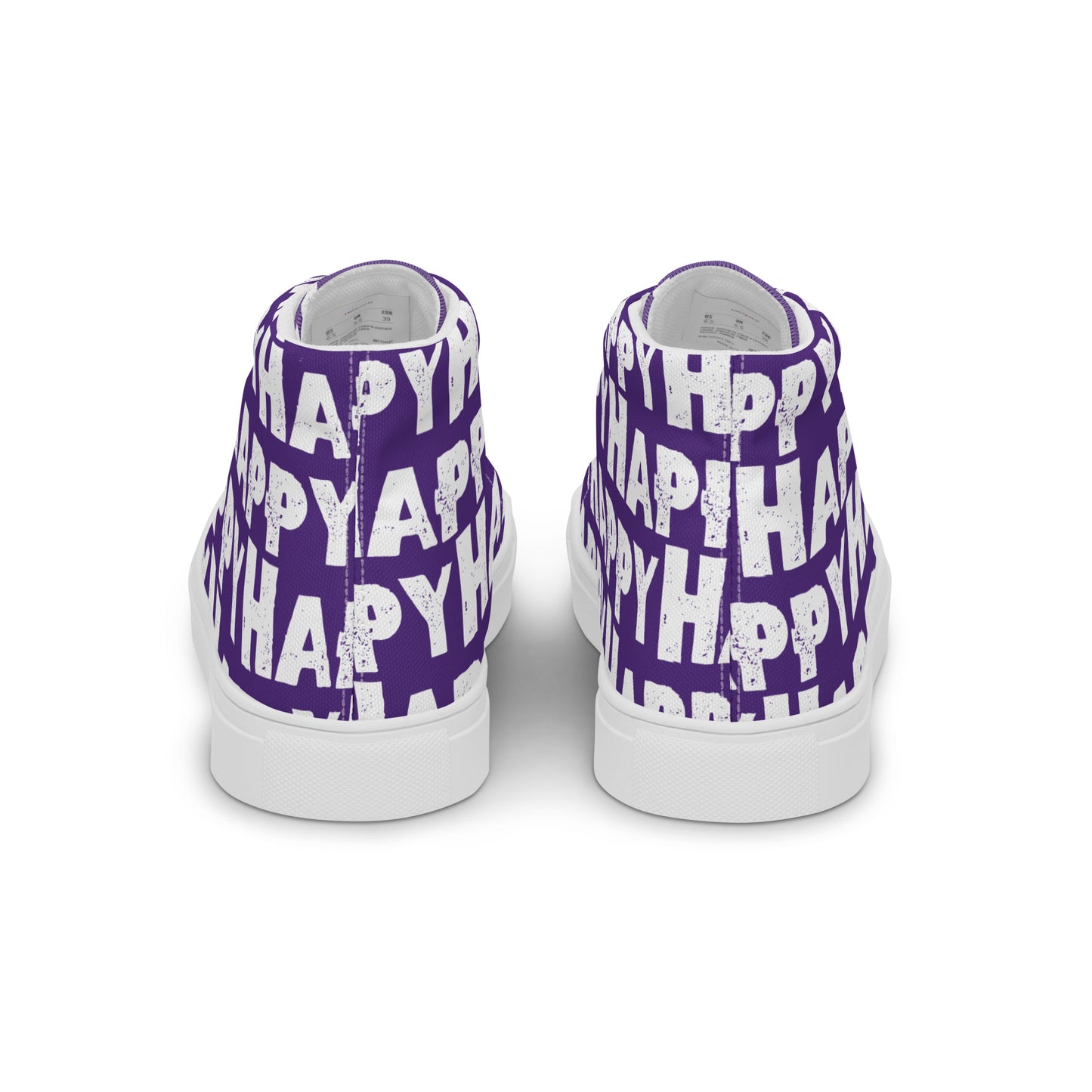 Rear view Fun Shoes Mens Sneakers purple shoes with white Happy Sponge Print High Tops HappyStuff brand