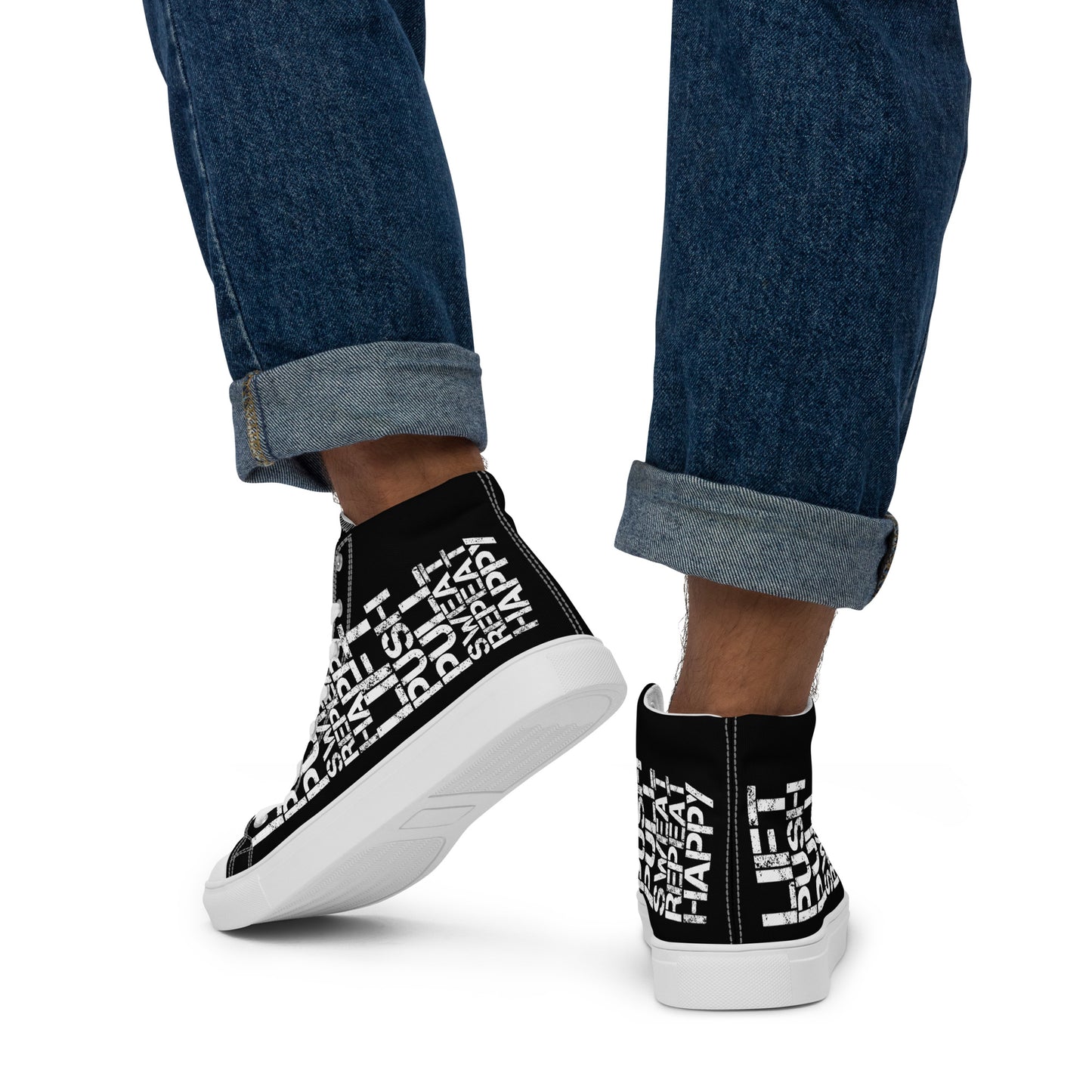 Gym shoe mens sneakers lift push pull sweat repeat happy distress print black and white High Tops walking away HappyStuff black shoes