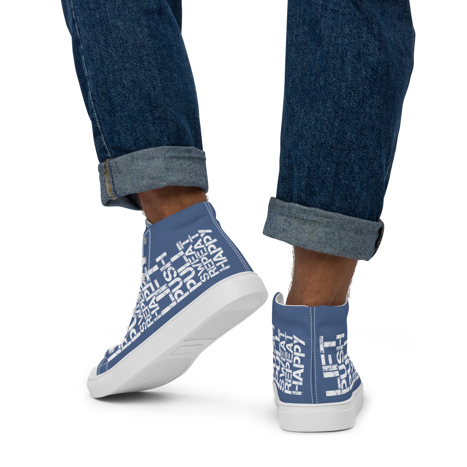 Gym shoe mens sneakers lift push pull sweat repeat happy distress print denim blue and white High Tops walking away HappyStuff denim blue