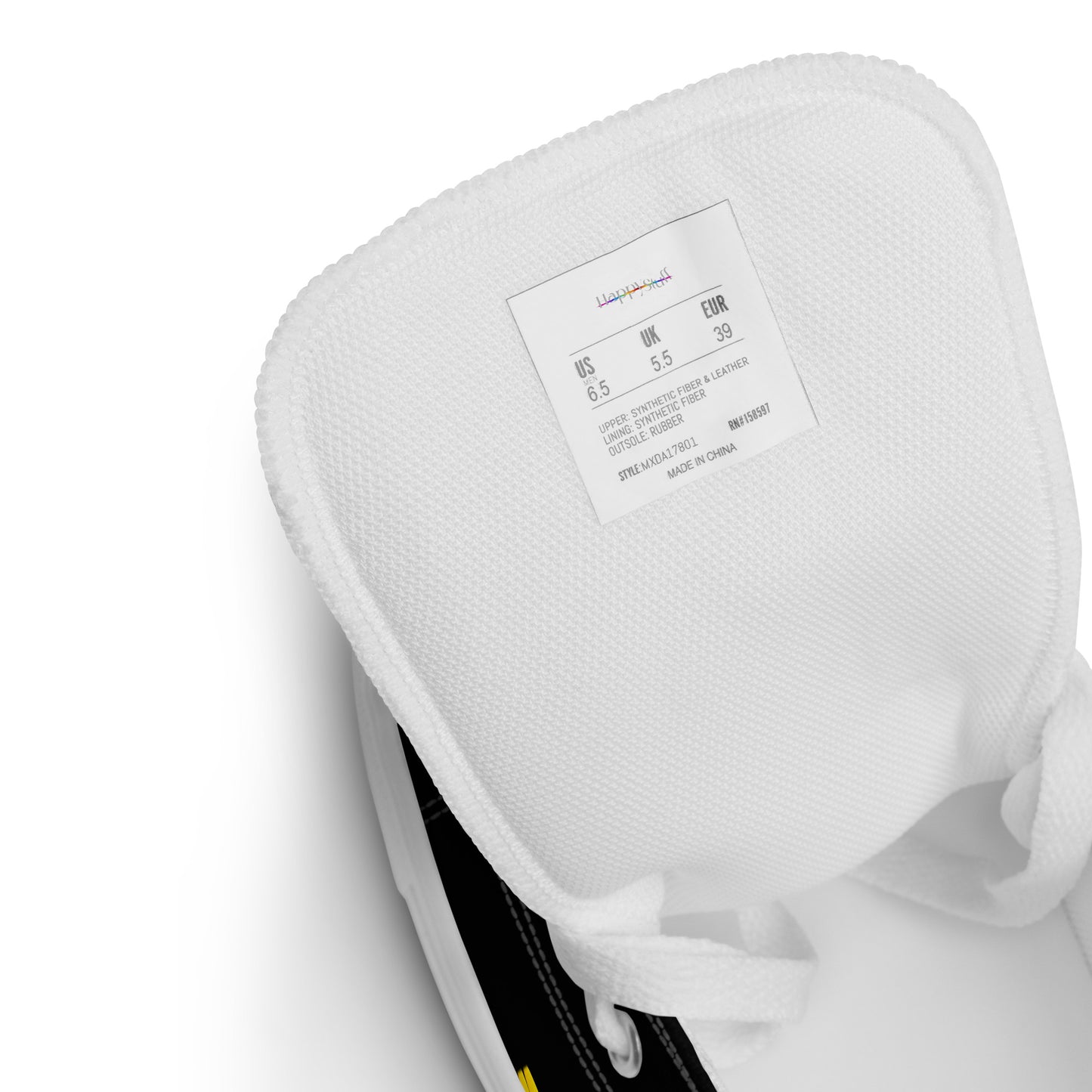 Black and rainbow shoes high tops tongue close up size label cushy breathable lining HappyStuff brand mens sneakers US UK EUR sizing