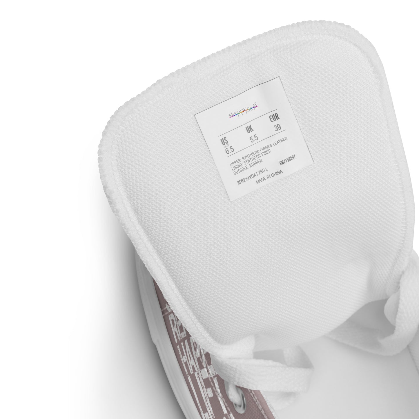 High tops tongue close up of size label cushy breathable lining HappyStuff brand mens sneakers US UK EUR sizing taupe and white shoes