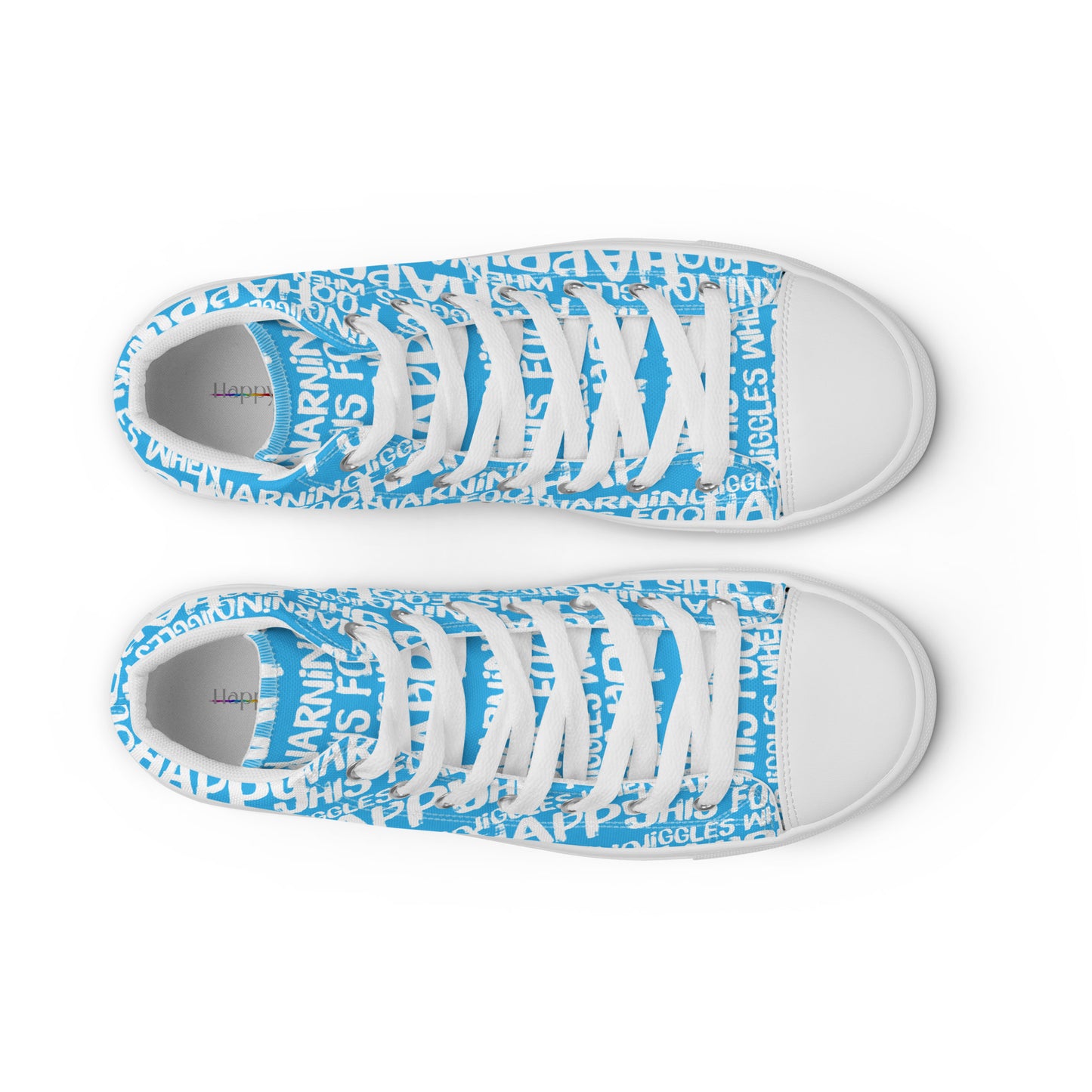 HappyStuff mens blue high tops with playful white print Warning This Foot Jiggles When Happy top view laces faux leather toe cap