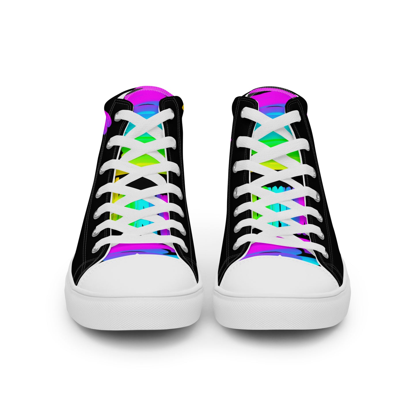 Front view laced up mens sneakers HappyStuff black high tops rainbow shoes Happy Rainbow Painted bright colour spectrum print