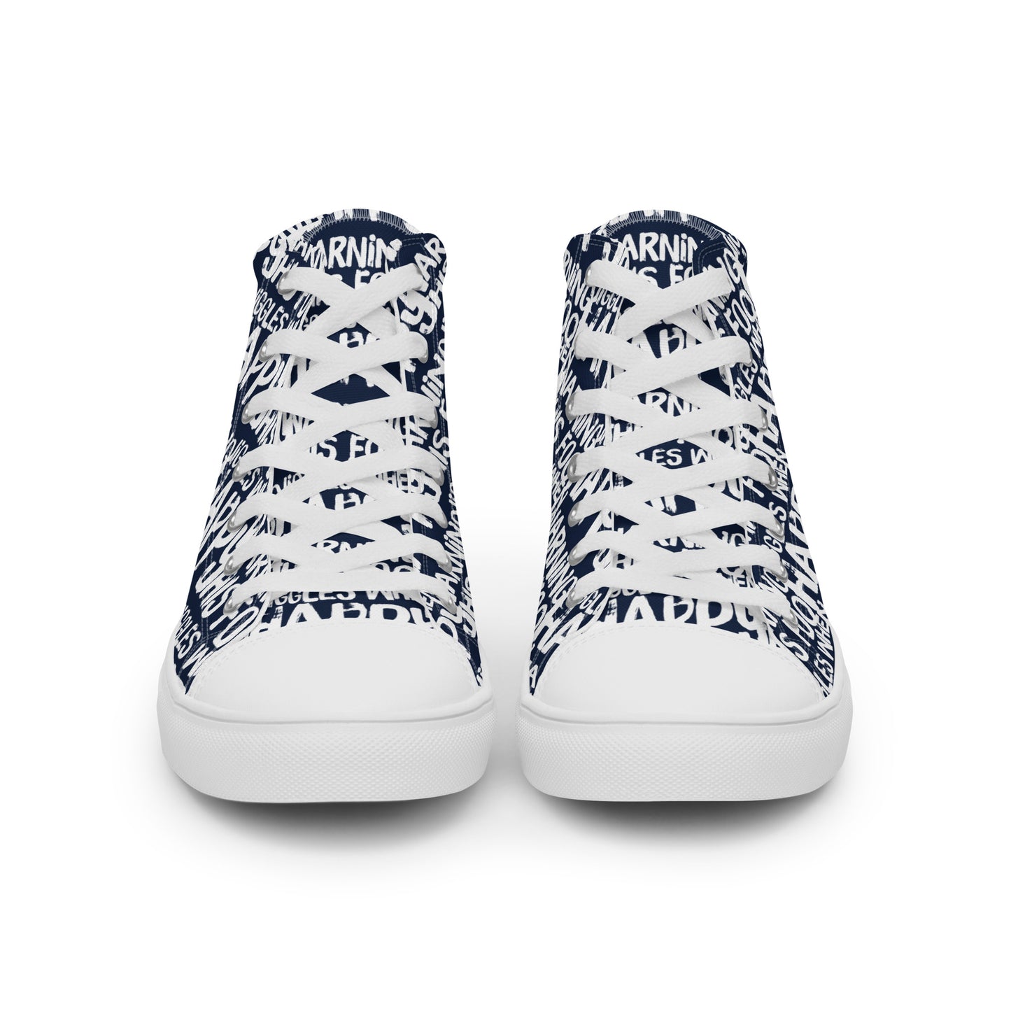 Front view laced up mens sneakers HappyStuff navy blue high tops with playful white print Warning This Foot Jiggles When Happy