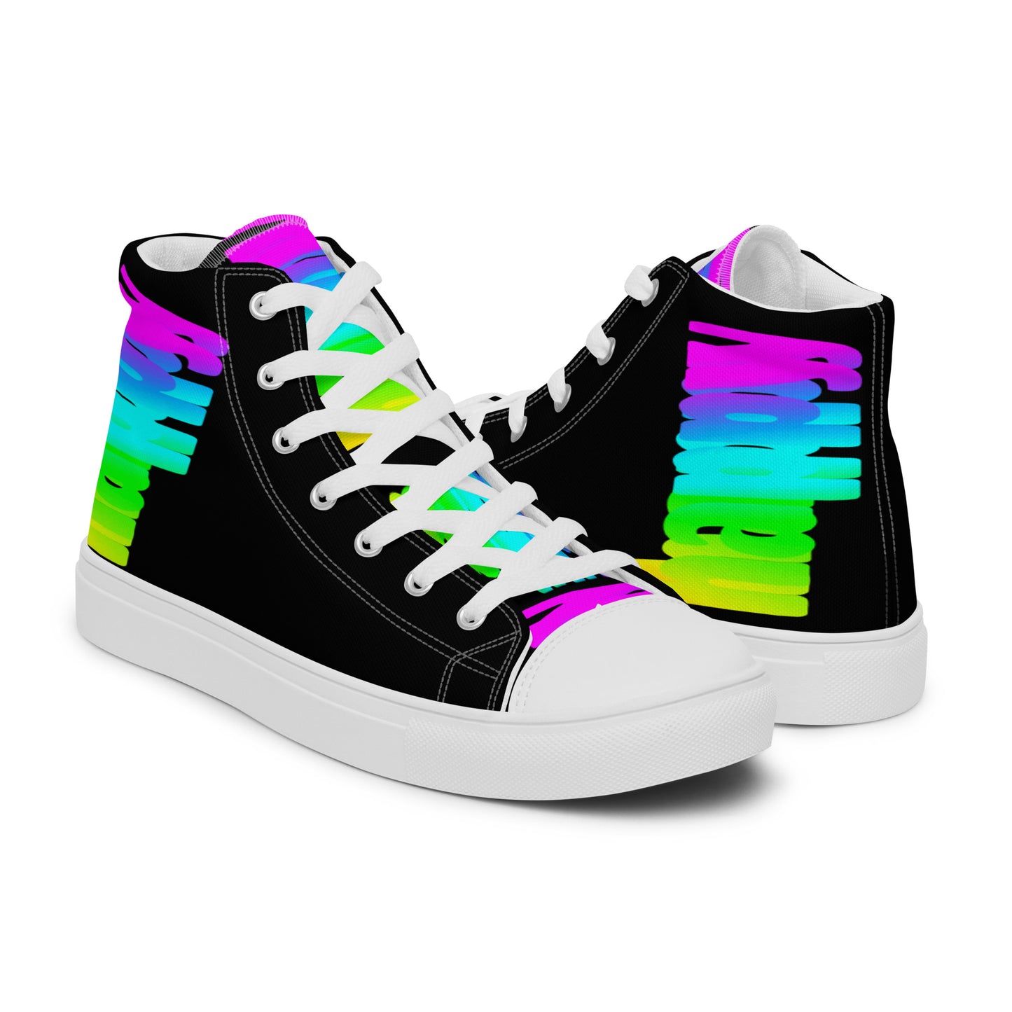 Rainbow shoes HappyStuff mens high tops Happy Rainbow Painted Print bright colours on black shoes right shoe front view left shoe back view