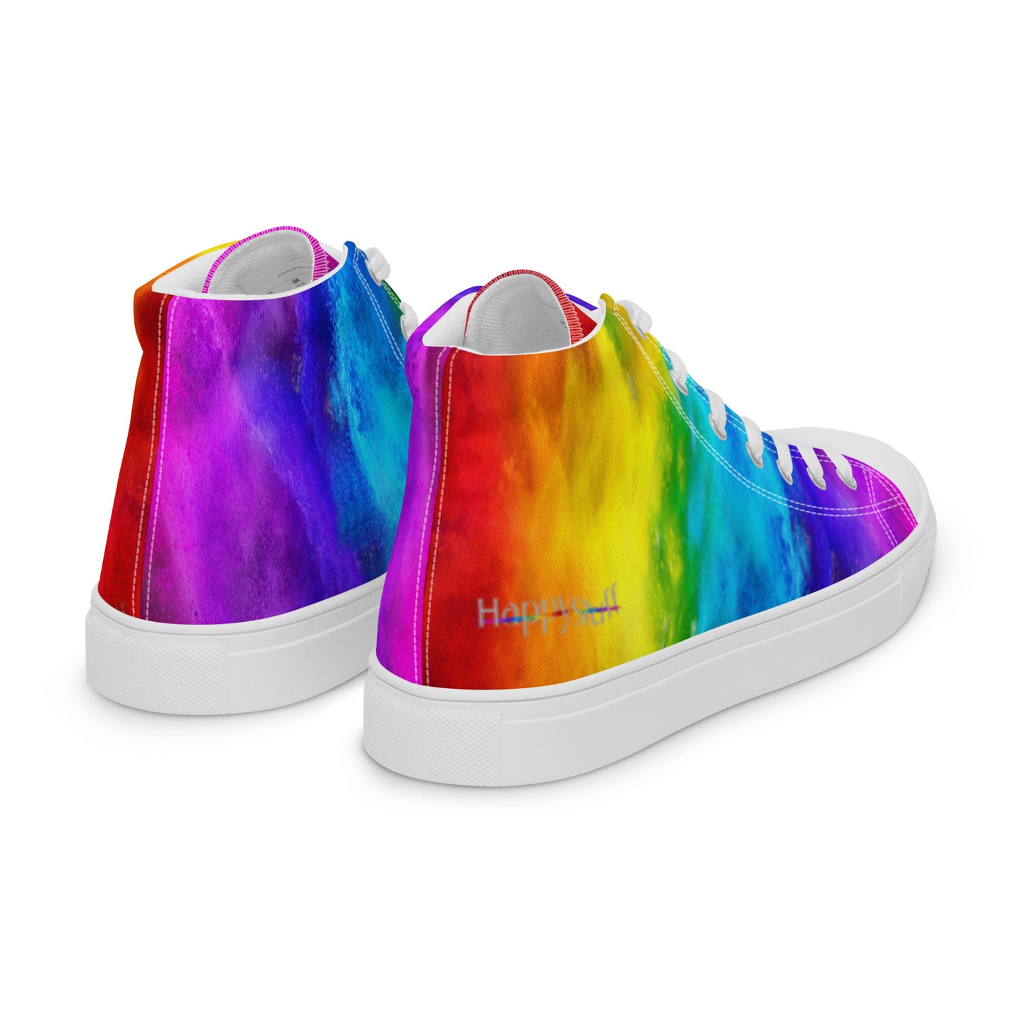 Rainbow shoes right backside view fun shoes featuring HappyStuff logo on holi colours printed on white high top sneakers