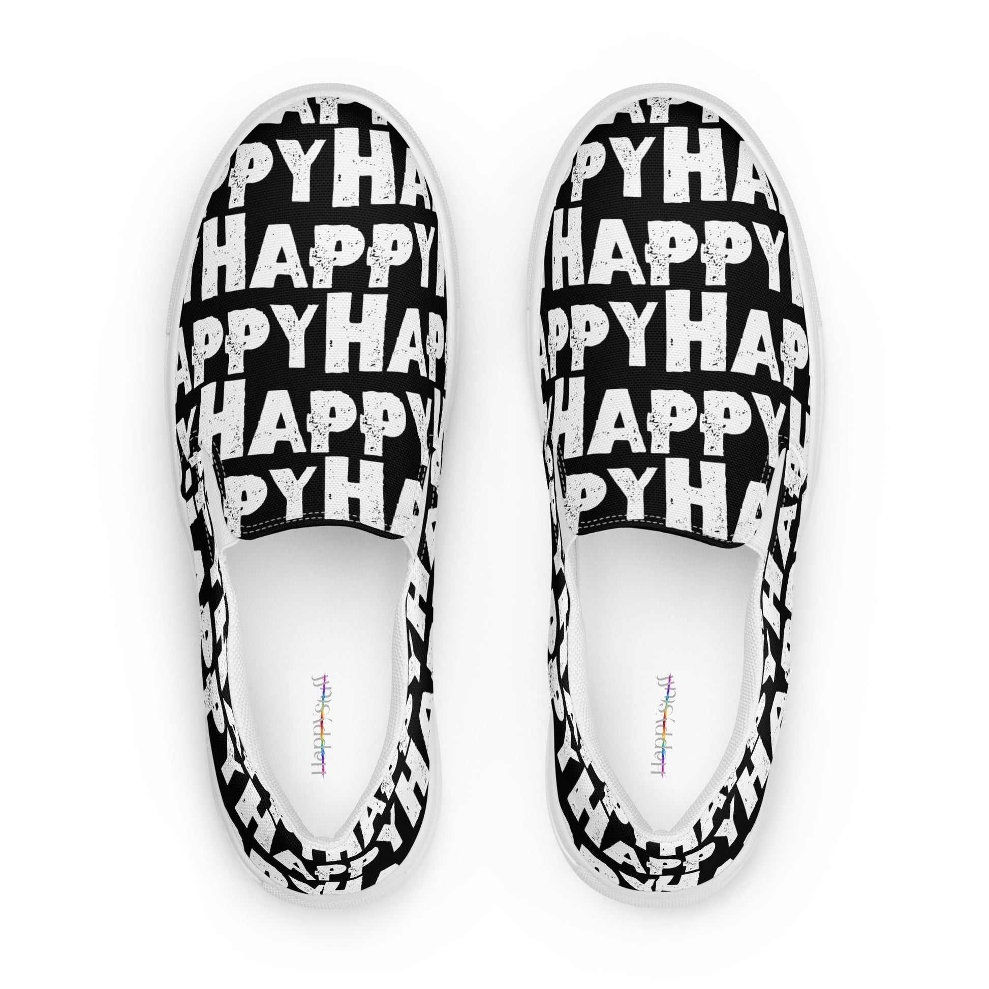 Top view Mens Sneakers black shoes with white Happy Sponge Print  Fun Shoes HappyStuff brand Deck Shoes