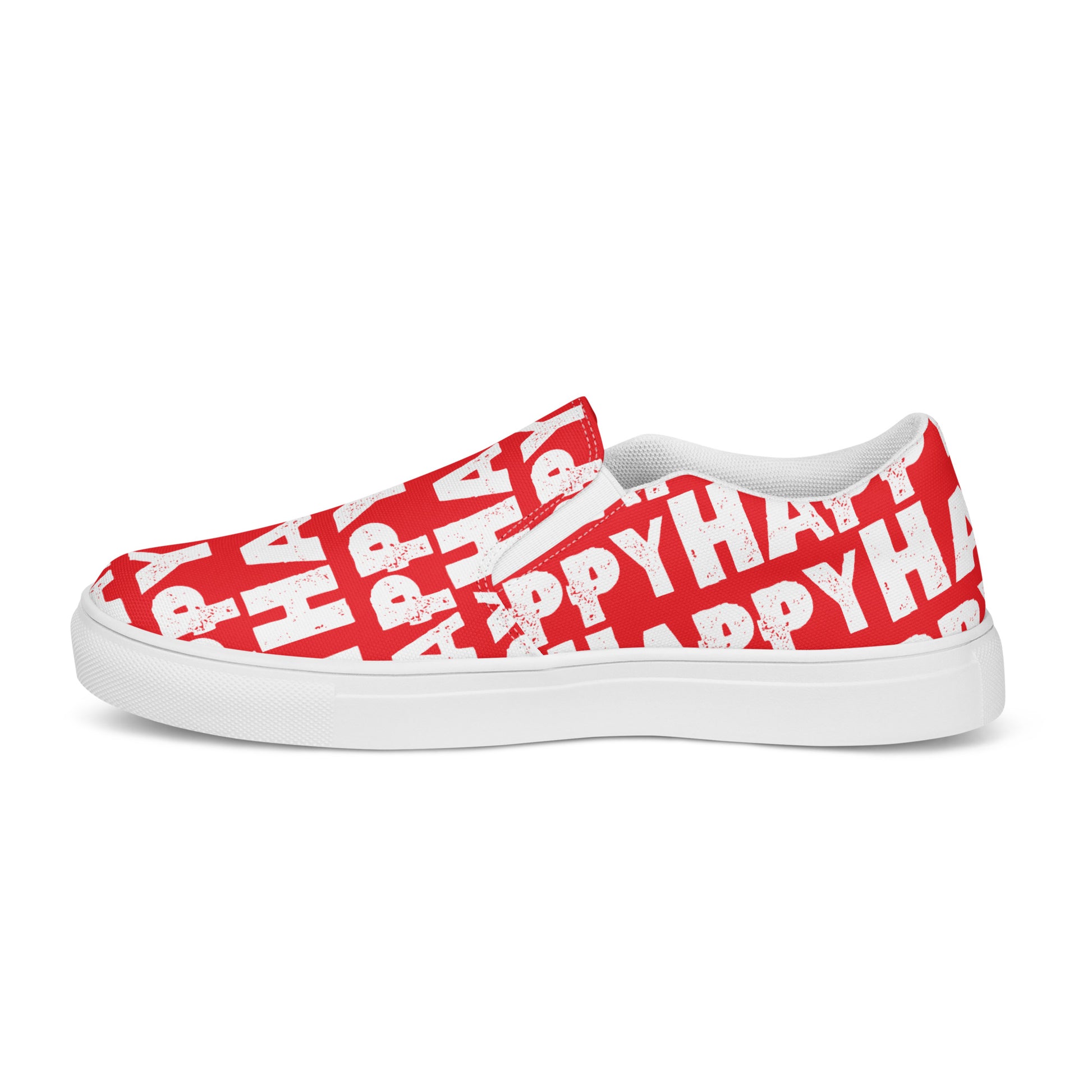 Happy Shoes Mens Slip on Shoes outside view left shoe red and white Happy Sponge Print Deck Shoes HappyStuff brand
