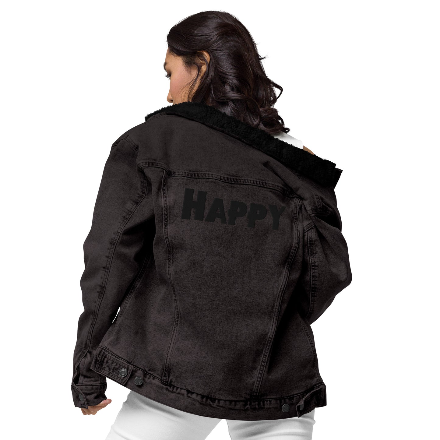 all gender black denim jacket Woman wearing back view off right shoulder sherpa collar sherpa lined jacket