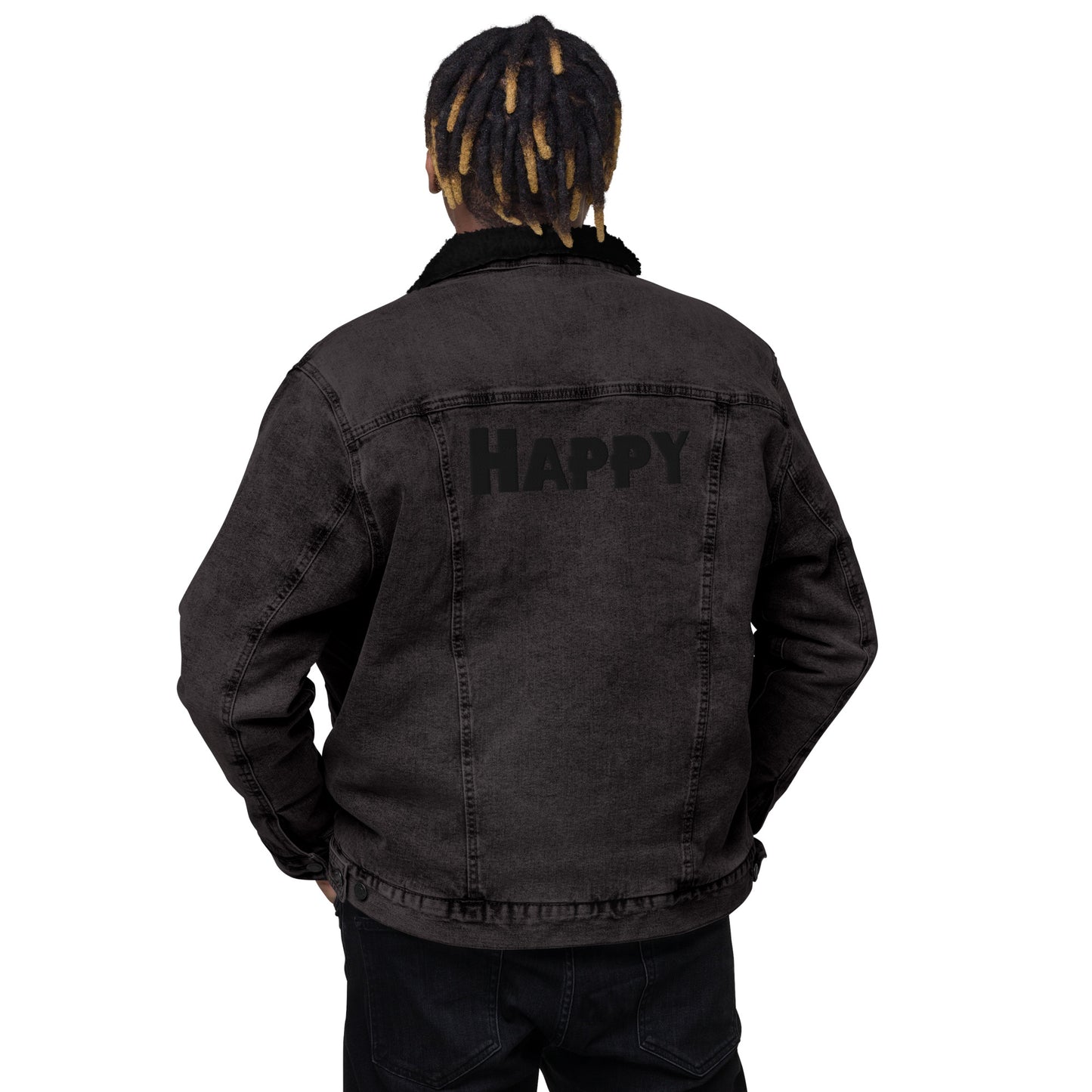 all gender black denim jacket back view man wearing jean jacket sherpa collar sherpa lined jacket