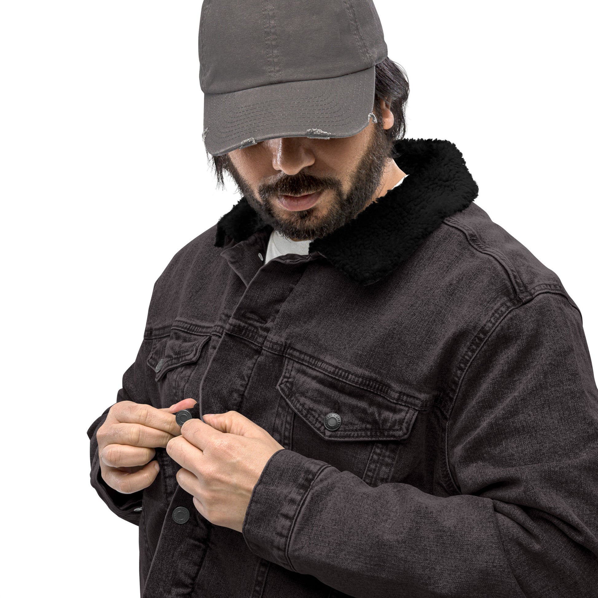 all gender black denim jacket left front side view man wearing jean jacket sherpa collar sherpa lined jacket