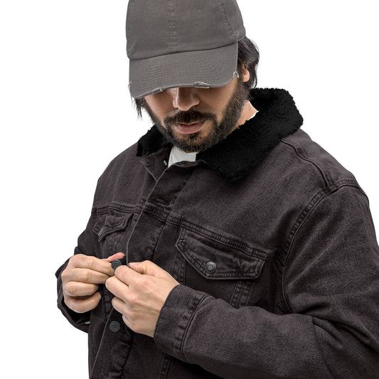 all gender black denim jacket left front side view man wearing jean jacket sherpa collar sherpa lined jacket