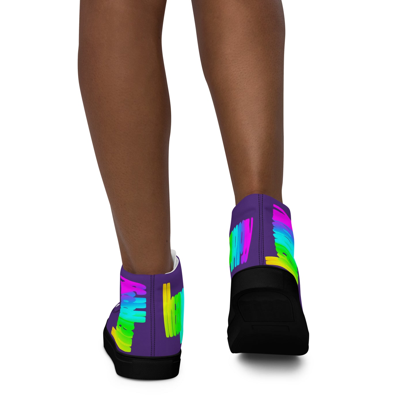 Womens sneakers rainbow shoes Happy Rainbow Painted Print bright colours on purple high tops black solewalking away HappyStuff brand purple shoes