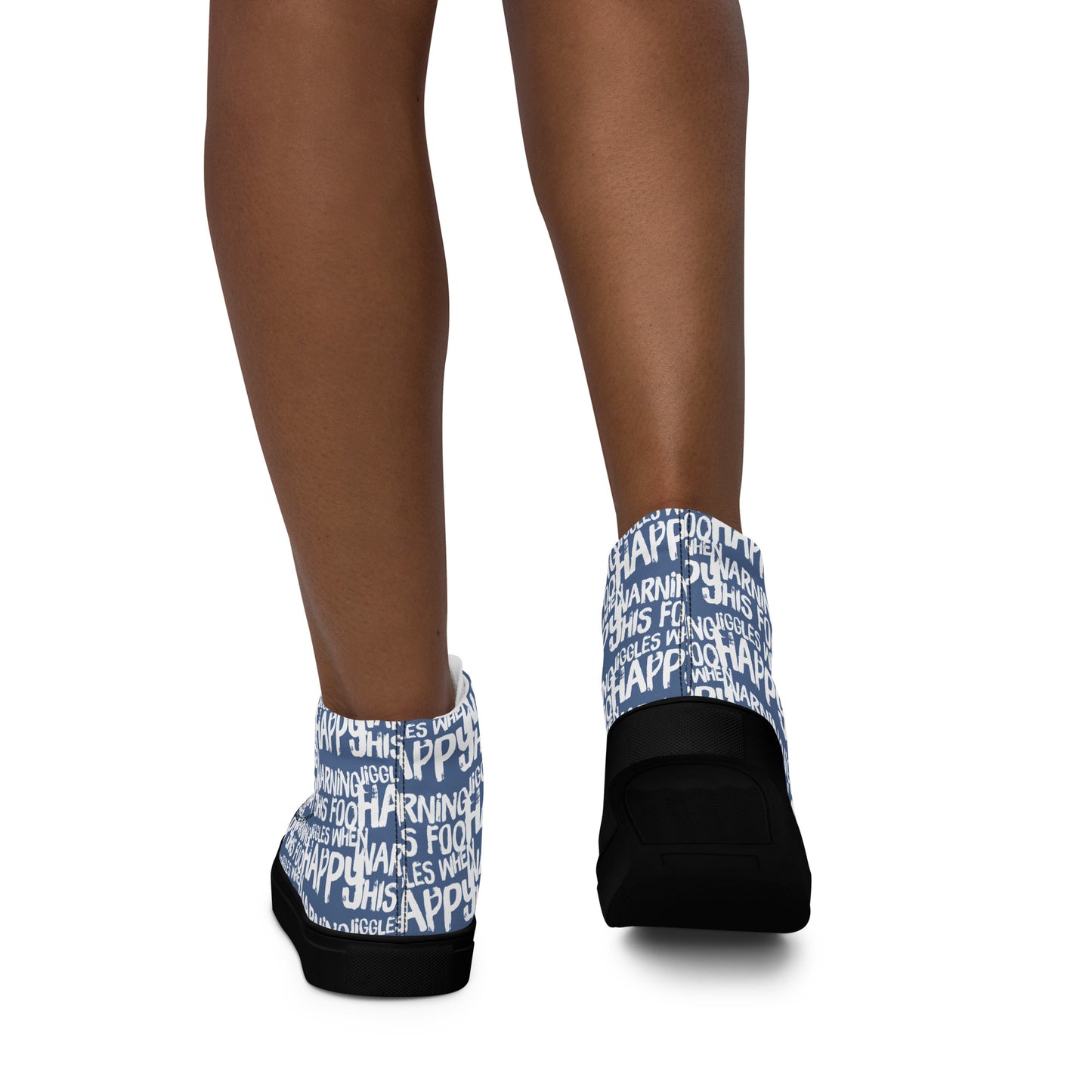 Women's High Tops "Warning This Foot Jiggles When Happy" Painted All Over Canvas Denim Blue Sneakers Black Sole