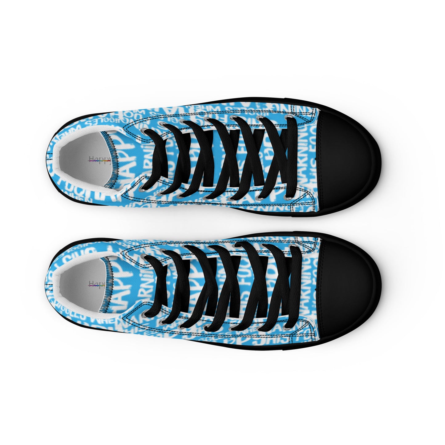 HappyStuff womens blue high tops with playful white print Warning This Foot Jiggles When Happy top view laces faux leather toe cap black sole