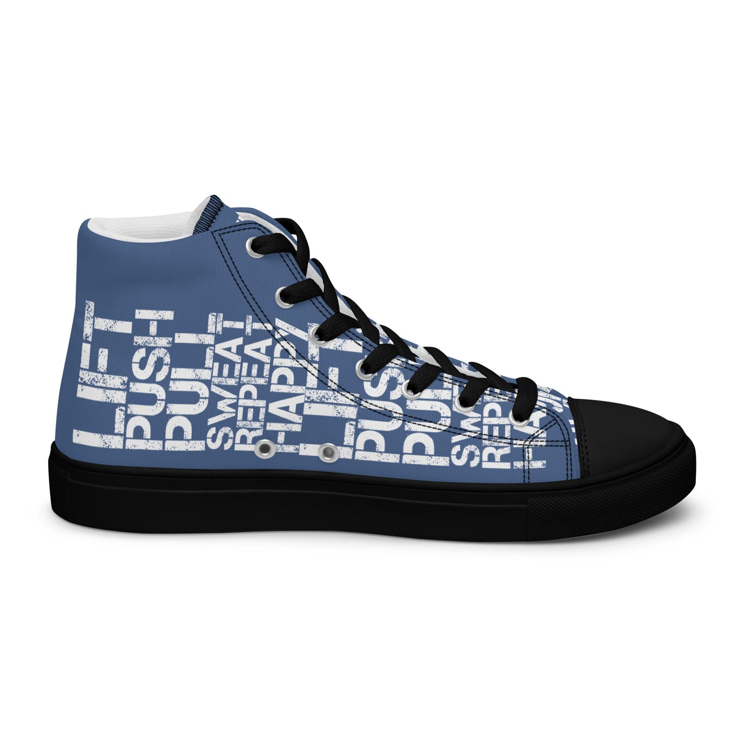 Left shoe inside view womens denim blue high top sneakers with white lift push pull sweat repeat happy distress print gym shoe black sole HappyStuff brand