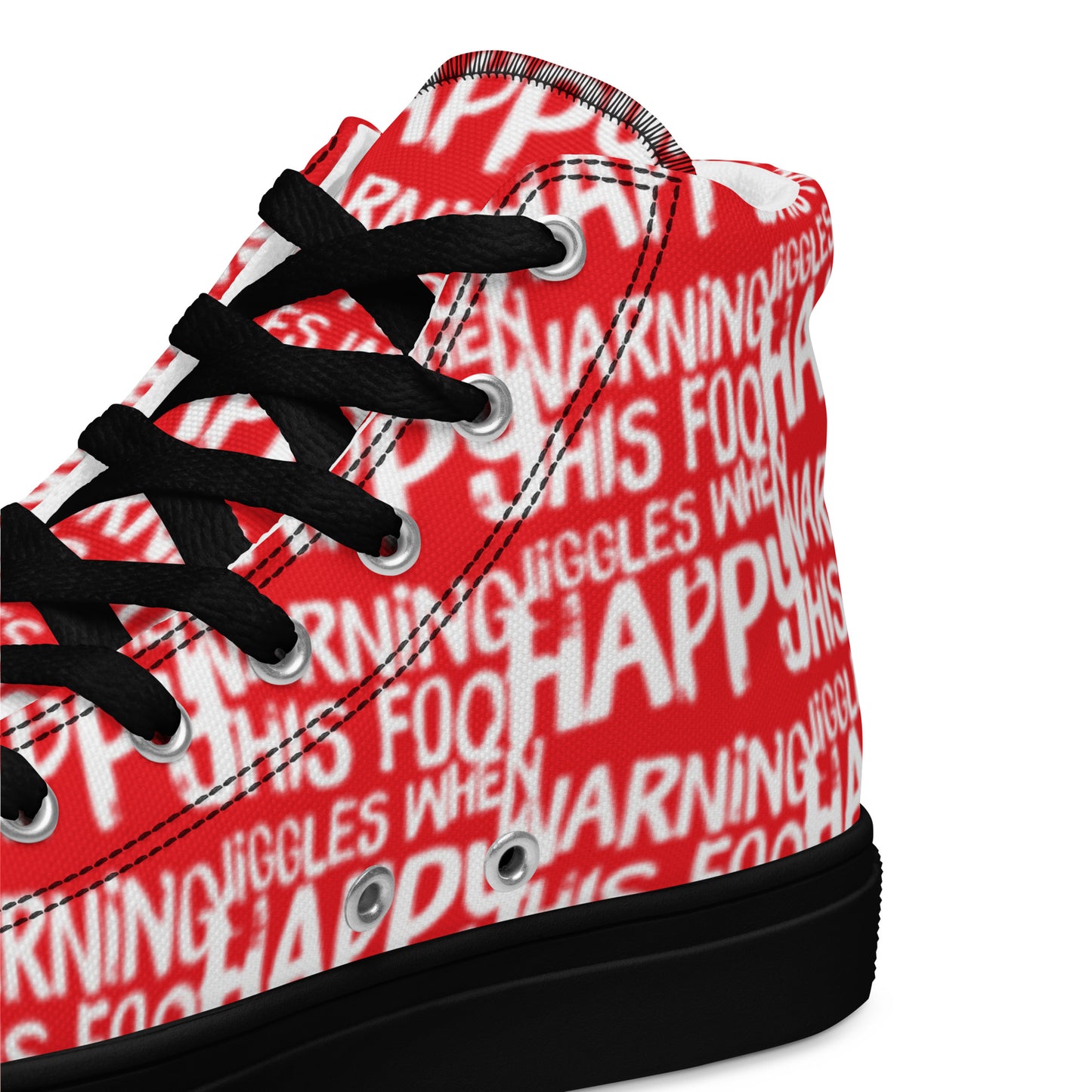 HappyStuff red high tops with playful white print Warning This Foot Jiggles When Happy inside heel side closeup view black sole