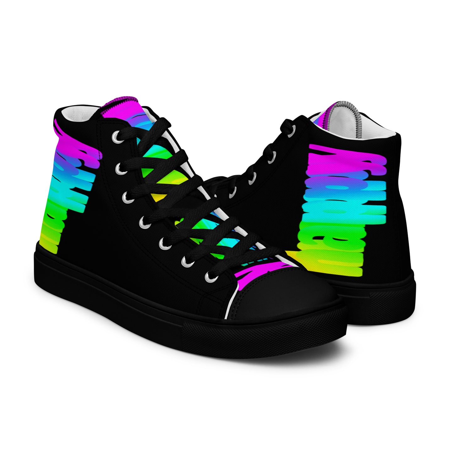 Rainbow shoes HappyStuff womens high tops Happy Rainbow Painted Print bright colours on black shoes black sole right shoe front view left shoe back view