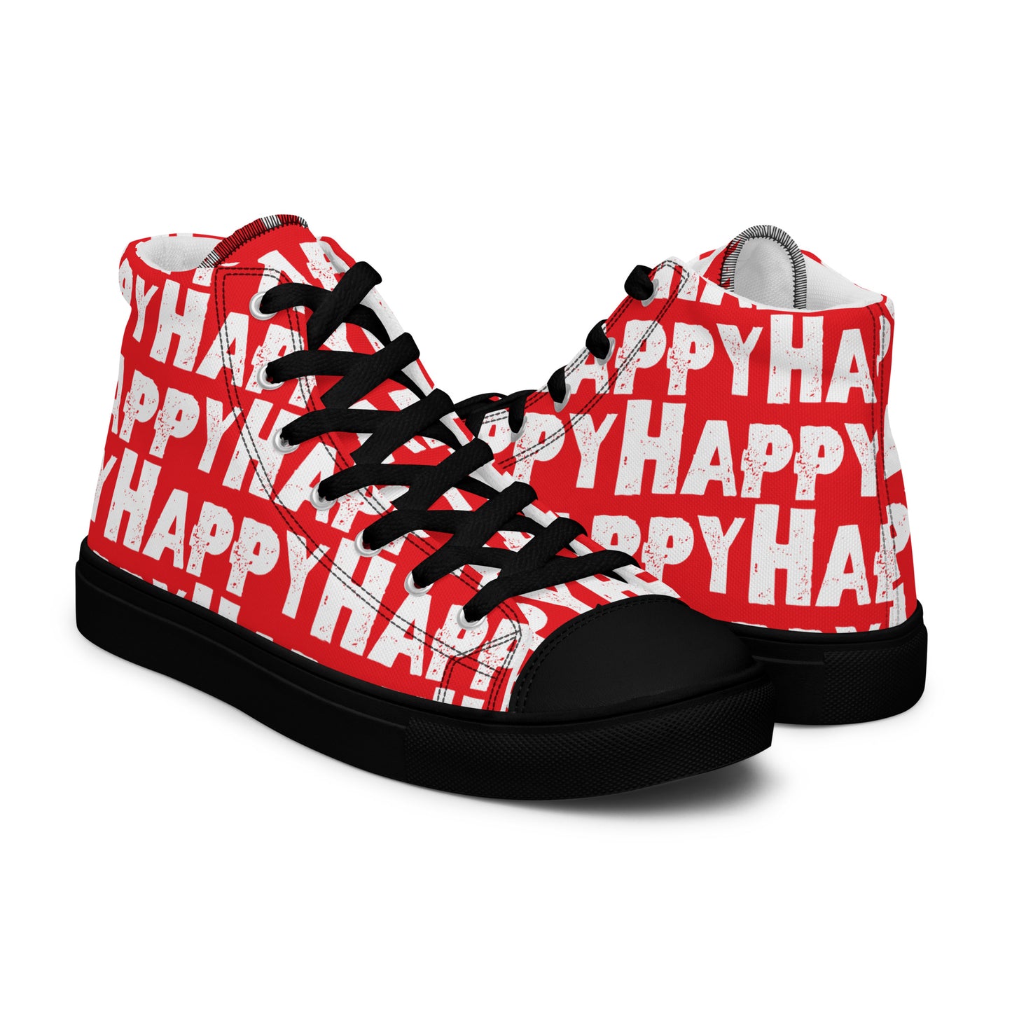 Happy Shoes womens right shoe front view left shoe back view Happy Sponge Print red and White High Tops black sole HappyStuff brand