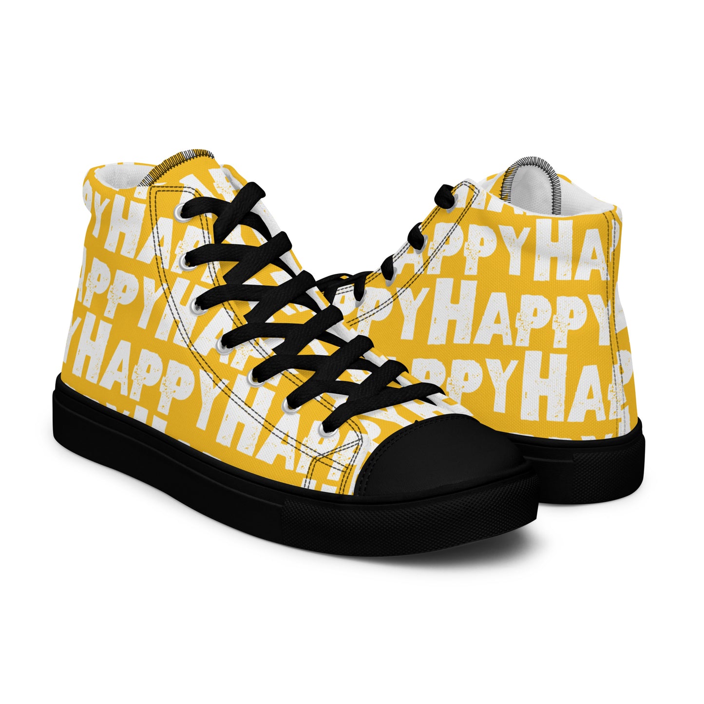 Happy Shoes womens right shoe front view left shoe back view Happy Sponge Print yellow and White High Tops black sole HappyStuff brand