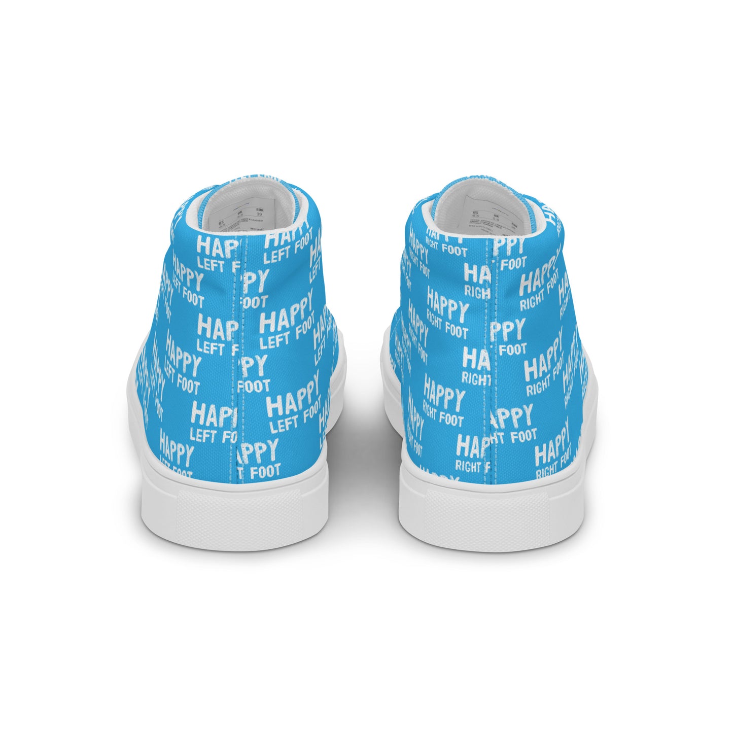 Fun shoes back view Happy Left Foot Happy Right Foot Pattern Print each on relevant shoe HappyStuff blue high tops womens sneakers