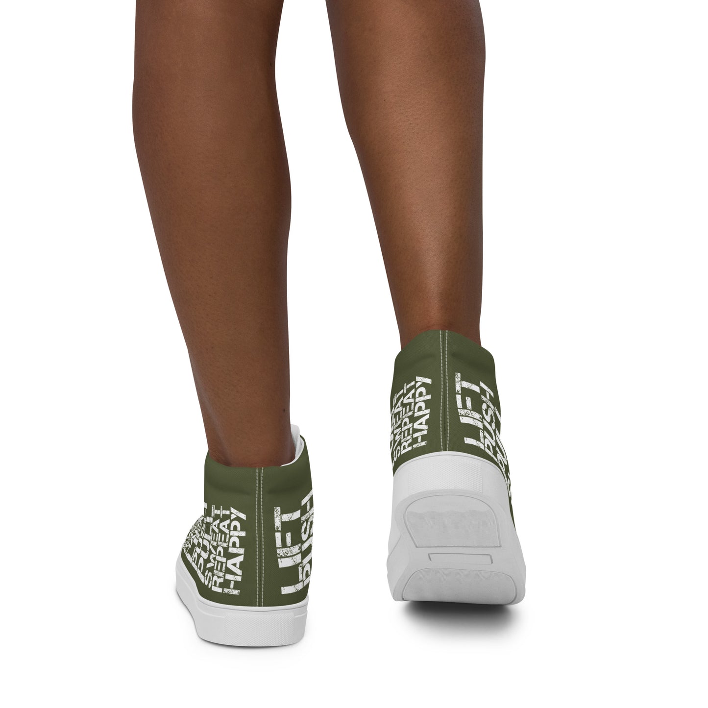 Womens sneakers lift push pull sweat repeat happy distress print khaki green and white High Tops walking away HappyStuff brand khaki green shoes