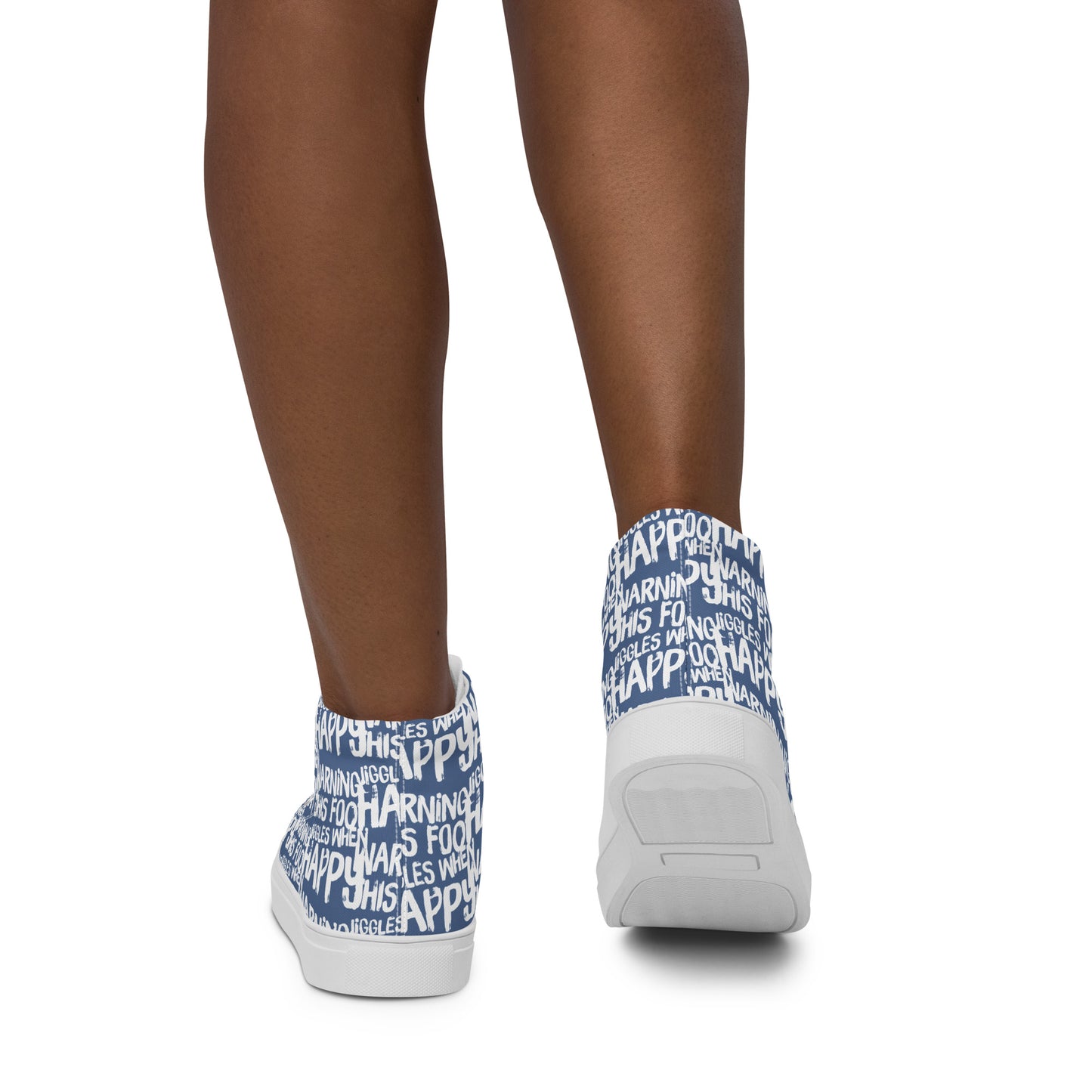 Women's High Tops "Warning This Foot Jiggles When Happy" Painted All Over Canvas Denim Blue Sneakers