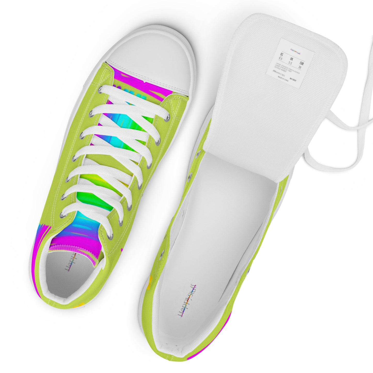 Rainbow shoes womens sneakers top view label white laces green high tops Happy Rainbow Painted bright colour spectrum print HappyStuff