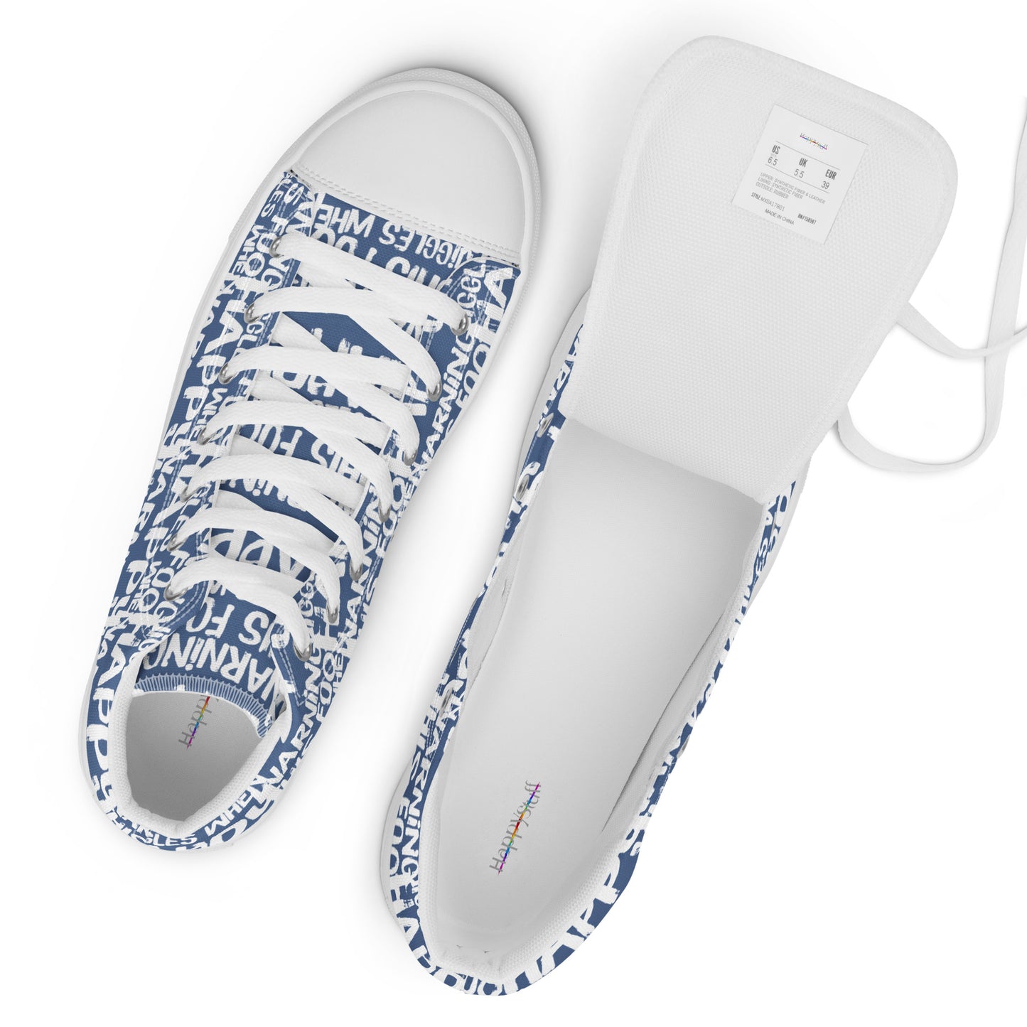 Women's High Tops "Warning This Foot Jiggles When Happy" Painted All Over Canvas Denim Blue Sneakers