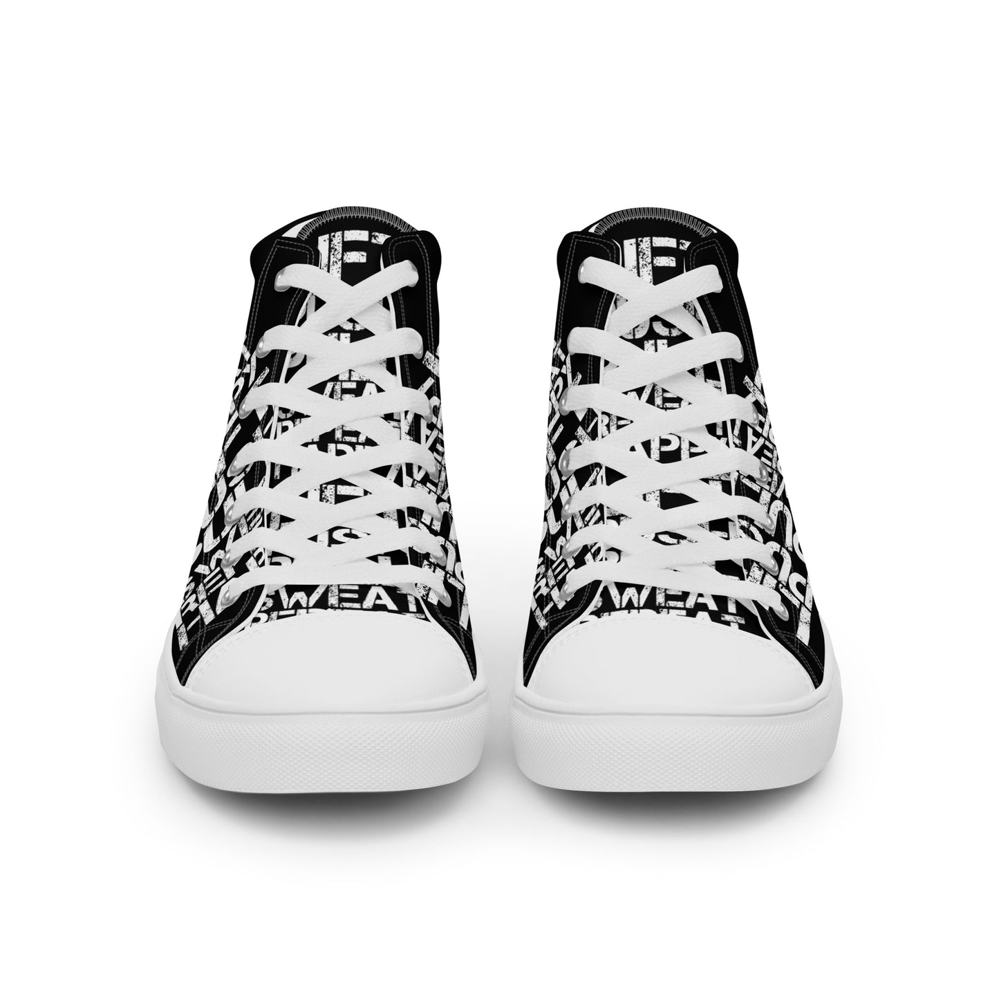 Front view laced up womens sneakers HappyStuff black high tops lift push pull sweat repeat happy distress print gym shoe