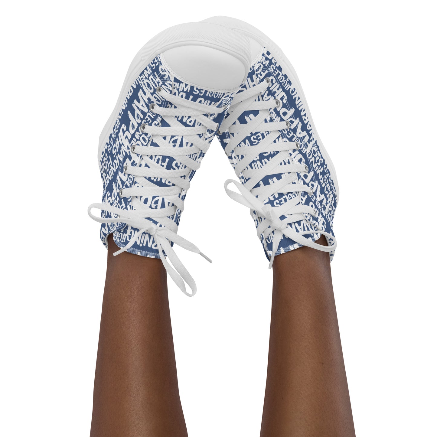 Women's High Tops "Warning This Foot Jiggles When Happy" Painted All Over Canvas Denim Blue Sneakers