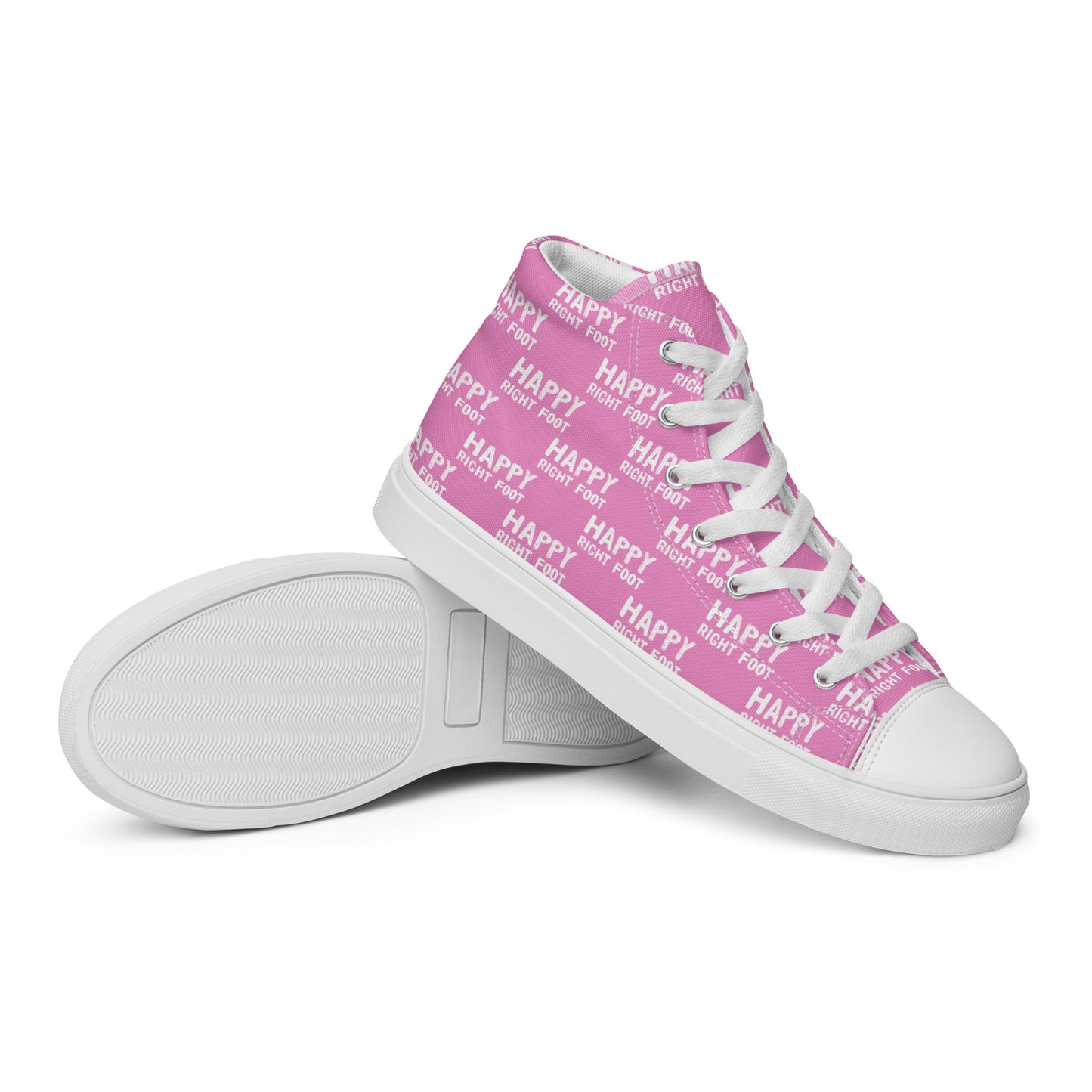 HappyStuff womens sneakers closeup sole view pink high tops with Happy Left Foot Happy Right Foot Pattern Print pink and white shoes