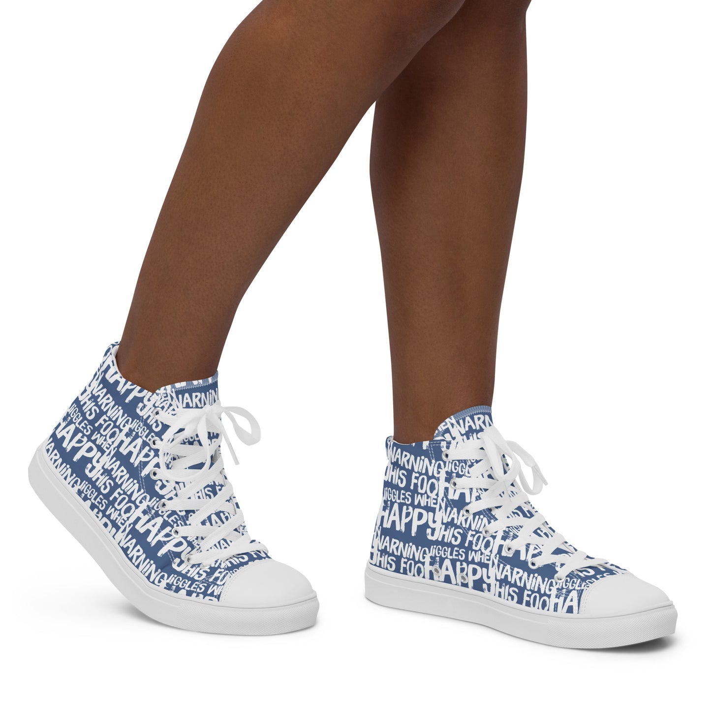 Women's High Tops "Warning This Foot Jiggles When Happy" Painted All Over Canvas Denim Blue Sneakers