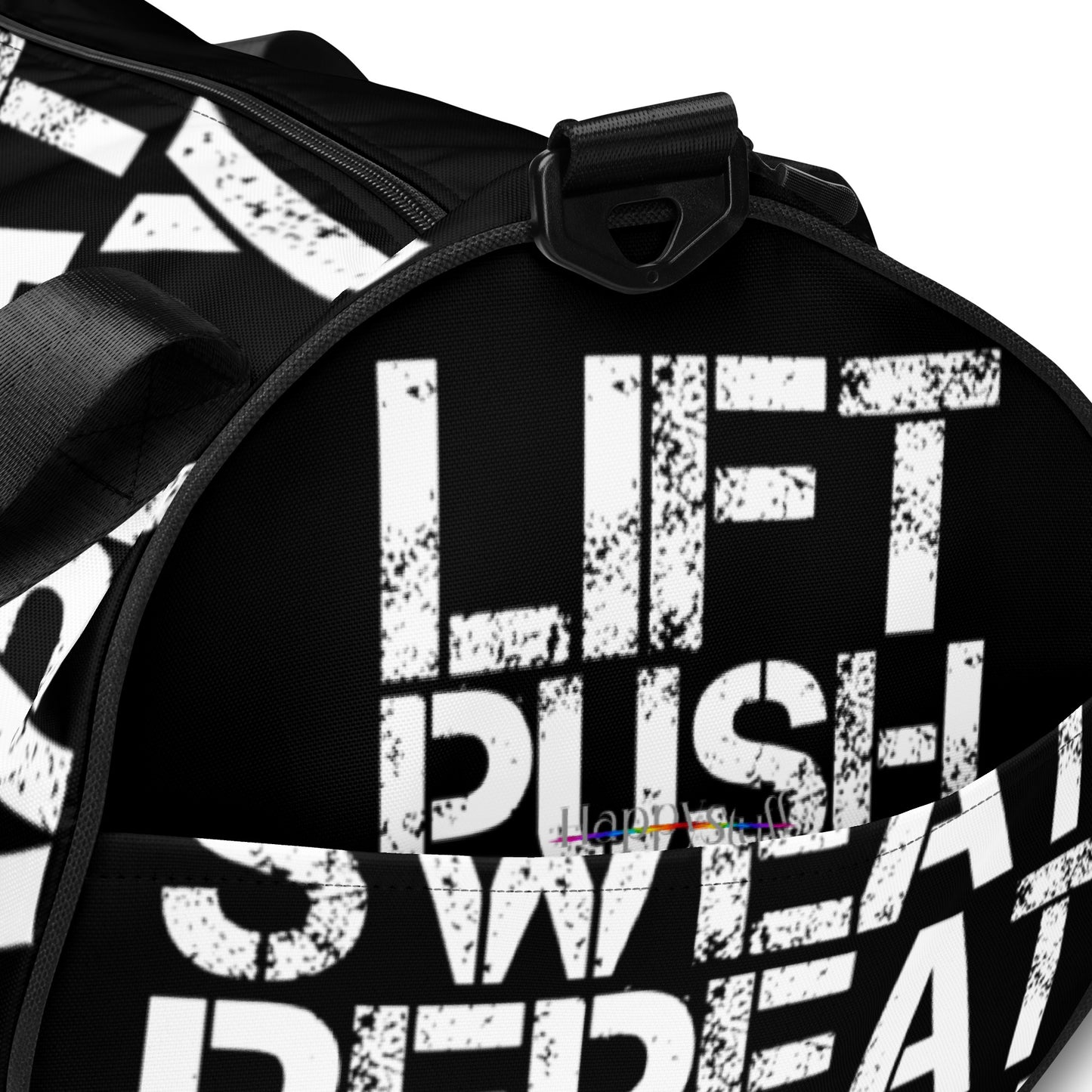 Gym bag black and white all over print Lift Push Pull Sweat Repeat Happy end pocket view small duffle bag HappyStuff Brand