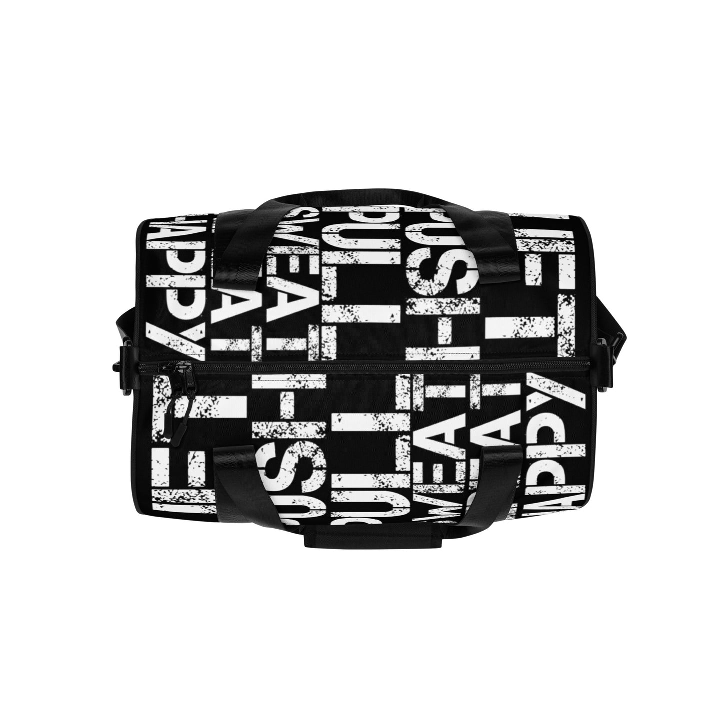 Gym bag overhead view  black and white all over print Lift Push Pull Sweat Repeat Happy small duffle bag HappyStuff Brand