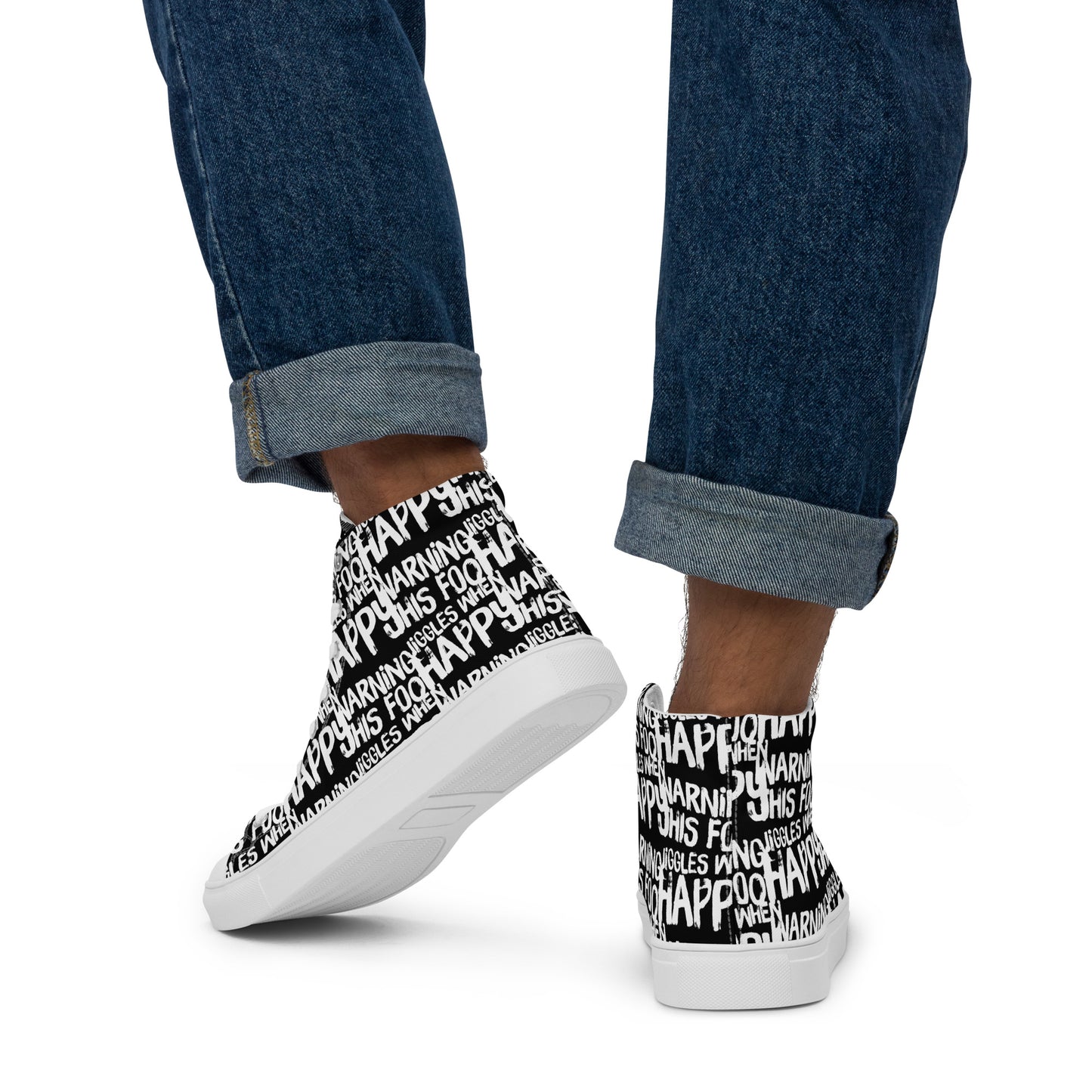 Walking away in mens HappyStuff high tops canvas sneakers edgy print black and white shoes Warning This Foot Jiggles When Happy